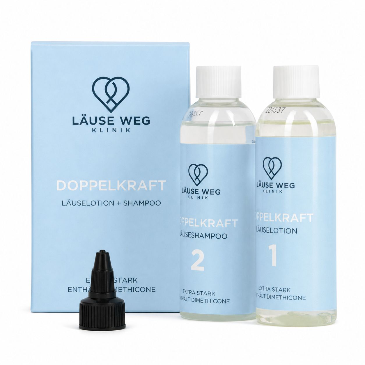 Zwei Flaschen Läuseshampoo und Läuselotion mit Applikator und Kartonverpackung.