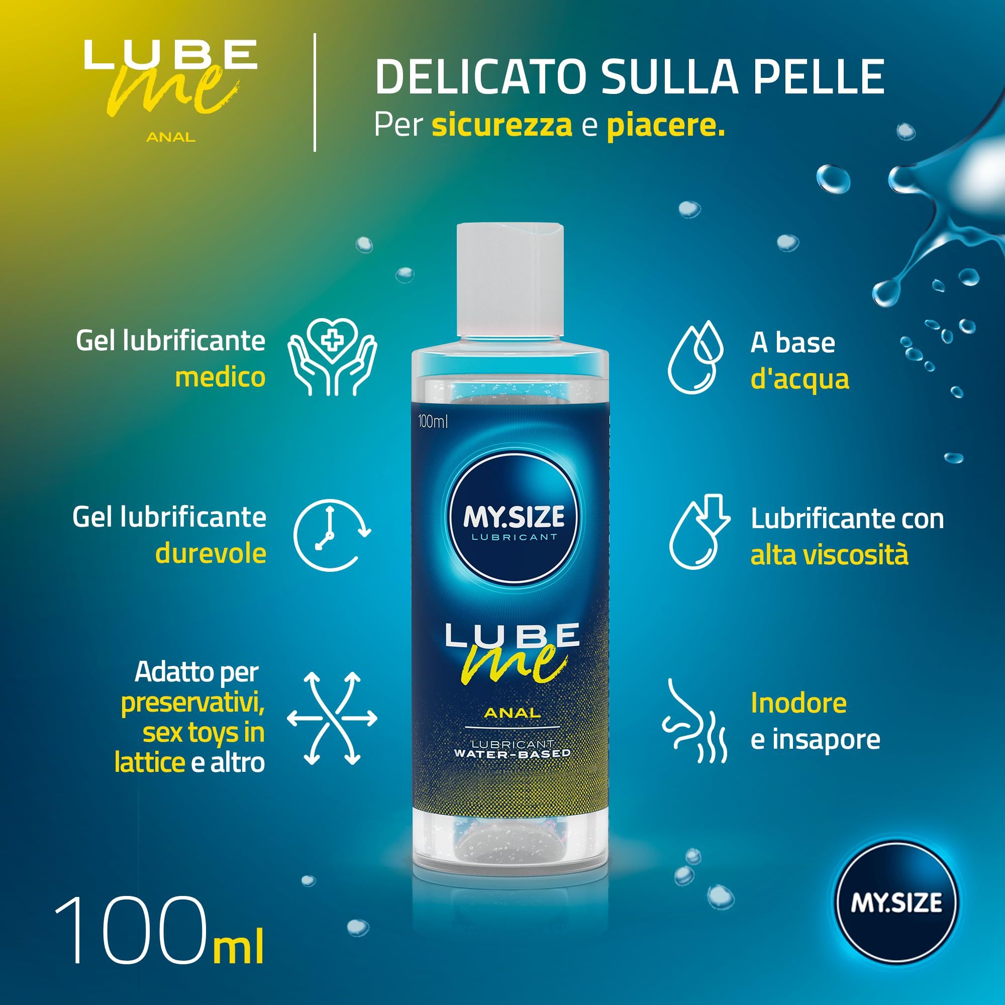MY.SIZE Lube Me Gleitgel Anal Flasche mit Icons für medizinische Qualität, Wasserbasis und hohe Viskosität.