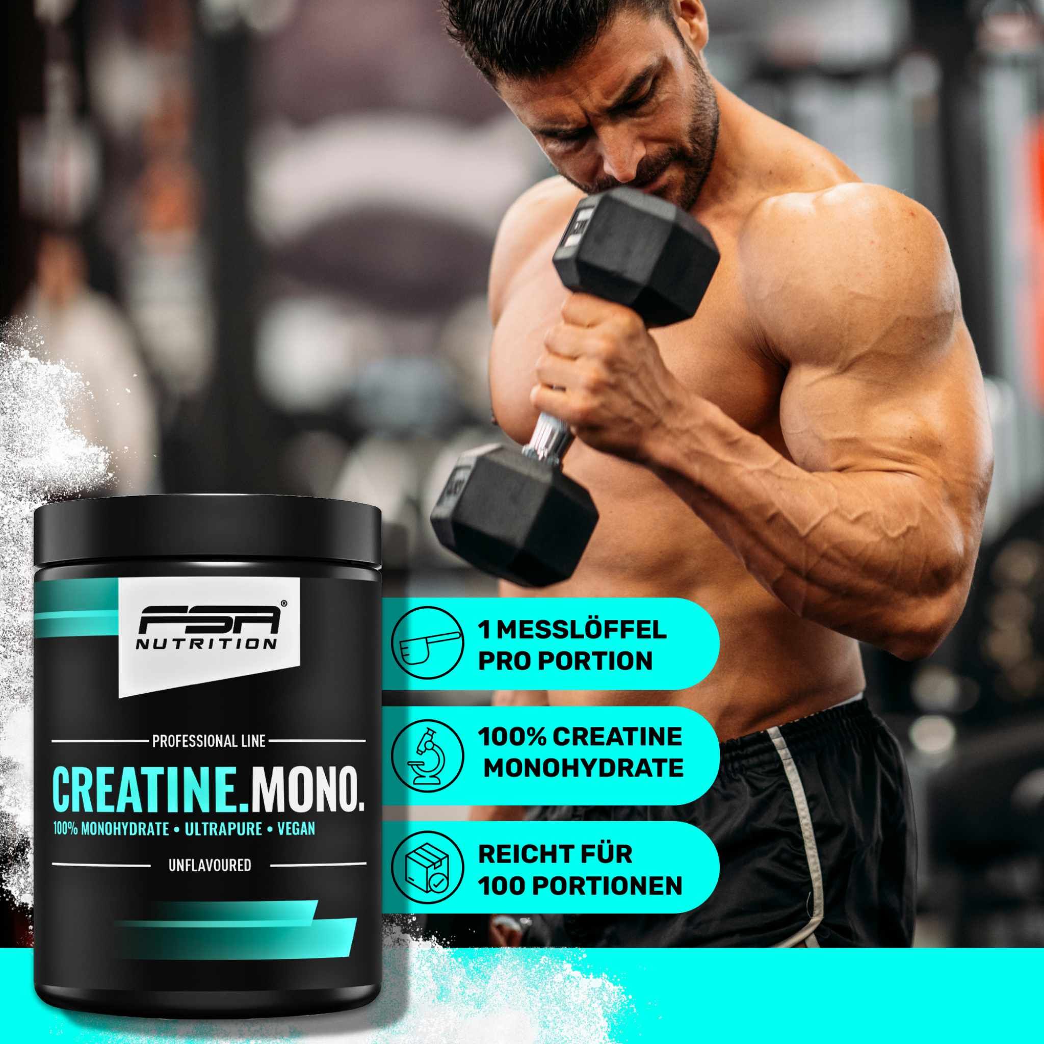 Mann trainiert mit Hantel. Dose mit FSA NUTRITION CREATINE.MONO. Text: 1 Messlöffel pro Portion, 100% Creatin Monohydrat, Reicht für 100 Portionen.