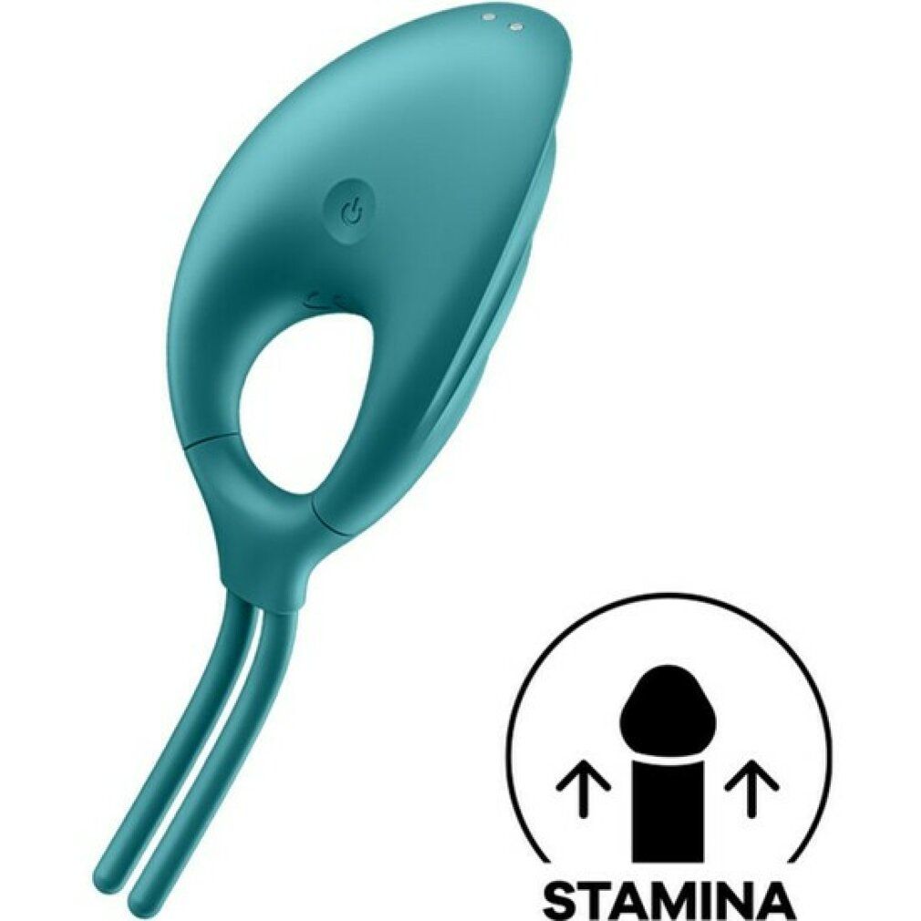 Grüner Ringvibrator mit zwei Stäben. Oben ein Knopf und ein Loch. Rechts ein Symbol mit Pfeilen und einem Penis. Aufschrift: Stamina.