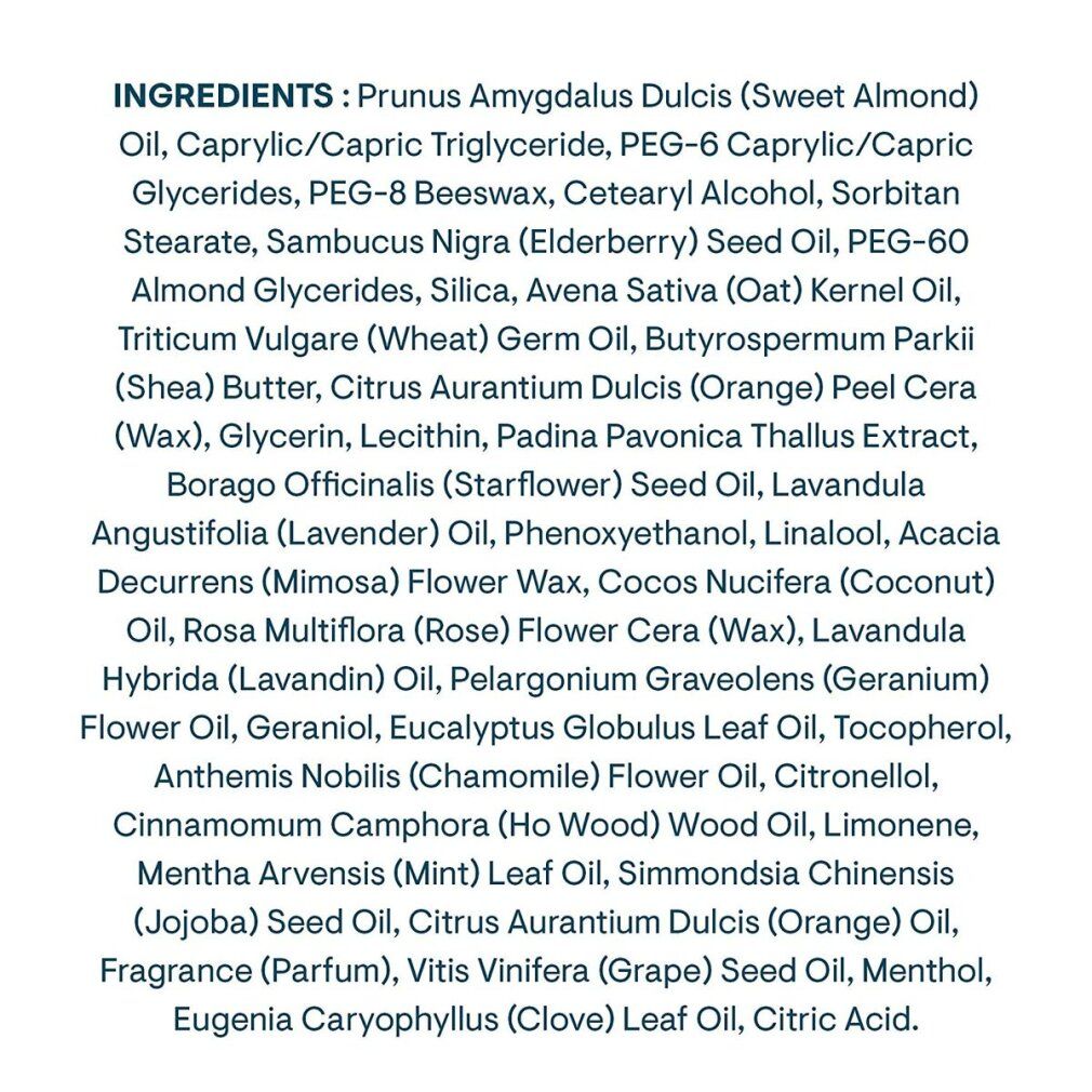 Textliste mit Inhaltsstoffen. Aufschrift: Ingredients. Enthält: Prunus Amygdalus Dulcis Oil, etc.