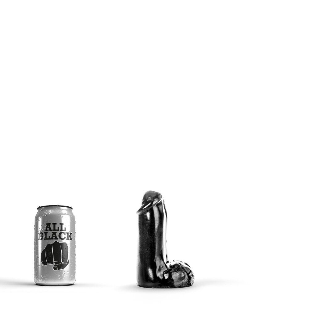 Schwarzer Dildo neben einer Dose mit "ALL BLACK" und Faust-Logo. Glänzende Oberfläche, detaillierte Formgebung.