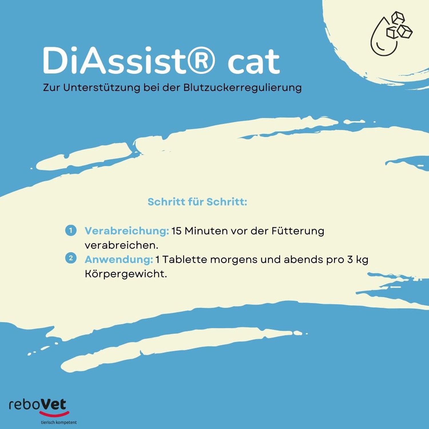 DiAssist cat Flasche und Anleitung zur Blutzuckerregulierung bei Katzen. Zeigt Würfelzucker und Tropfen.