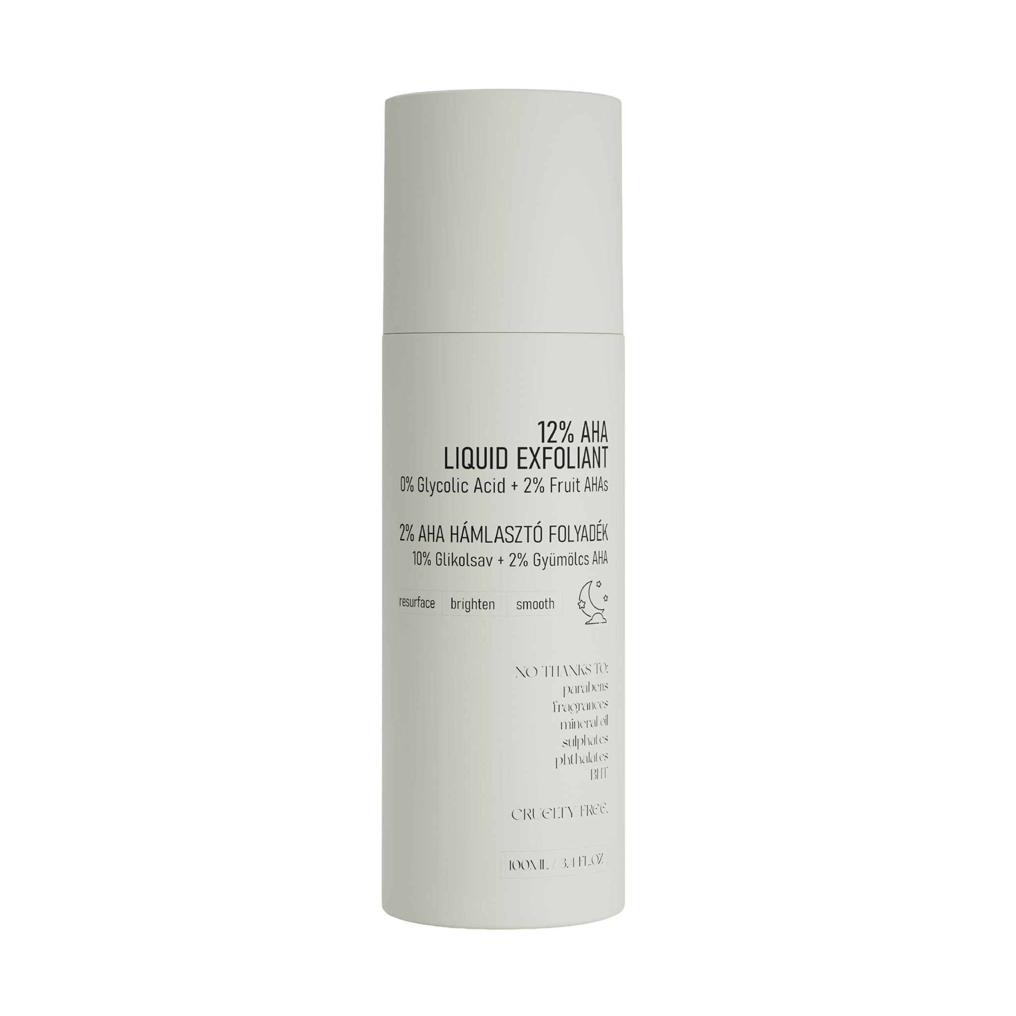 Flasche 12% AHA Liquid Exfoliant, mit Text.