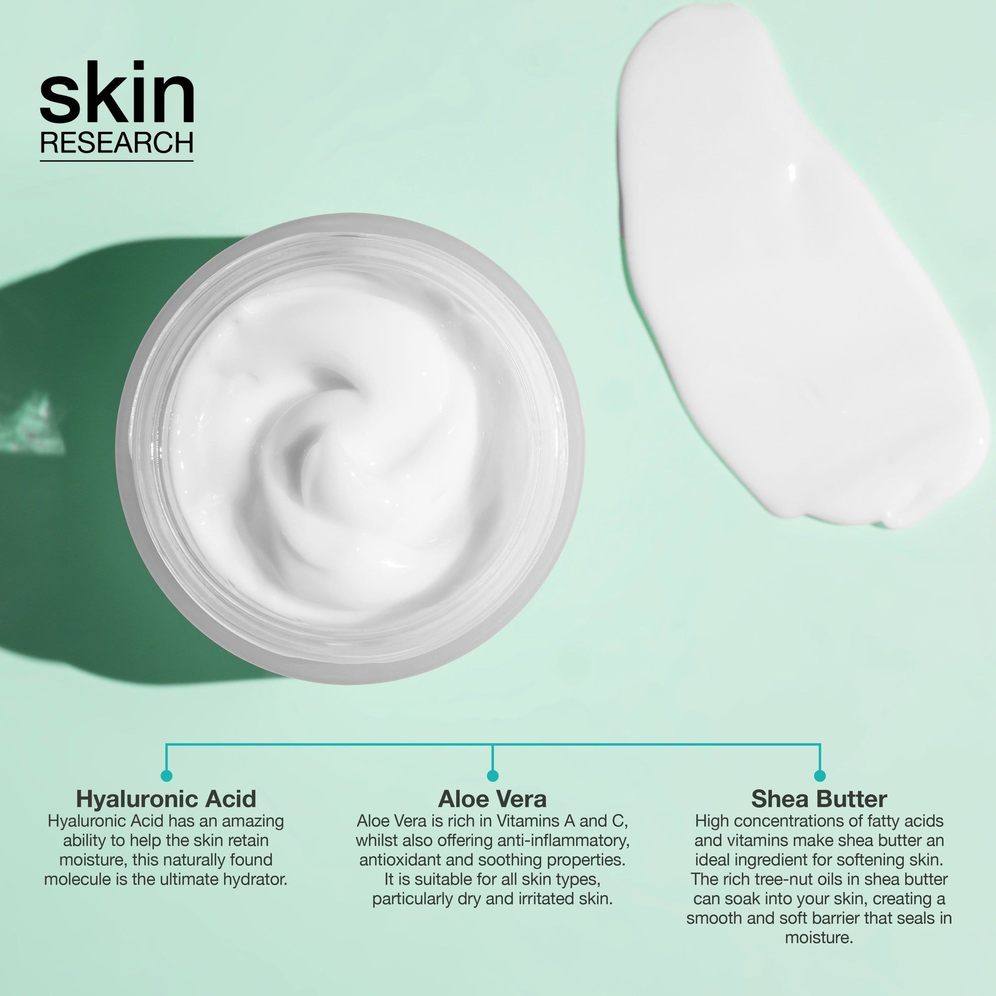 Creme-Glas, Creme-Klecks. Aufschrift: skin research. Inhaltsstoffe: Hyaluronsäure, Aloe Vera, Sheabutter.
