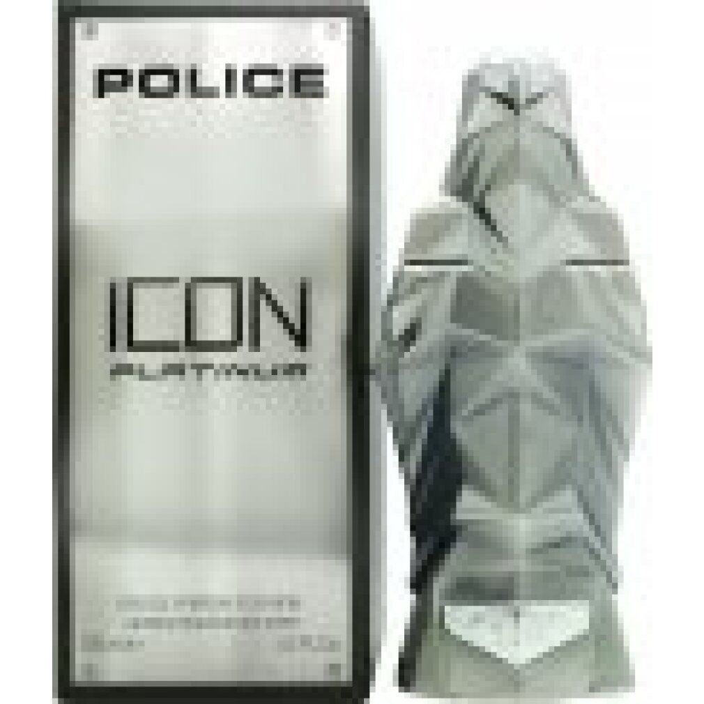 Graue Flasche und Schachtel. Aufschrift: POLICE ICON PLATINUM. Eau de Parfum für Herren. 125 ml.