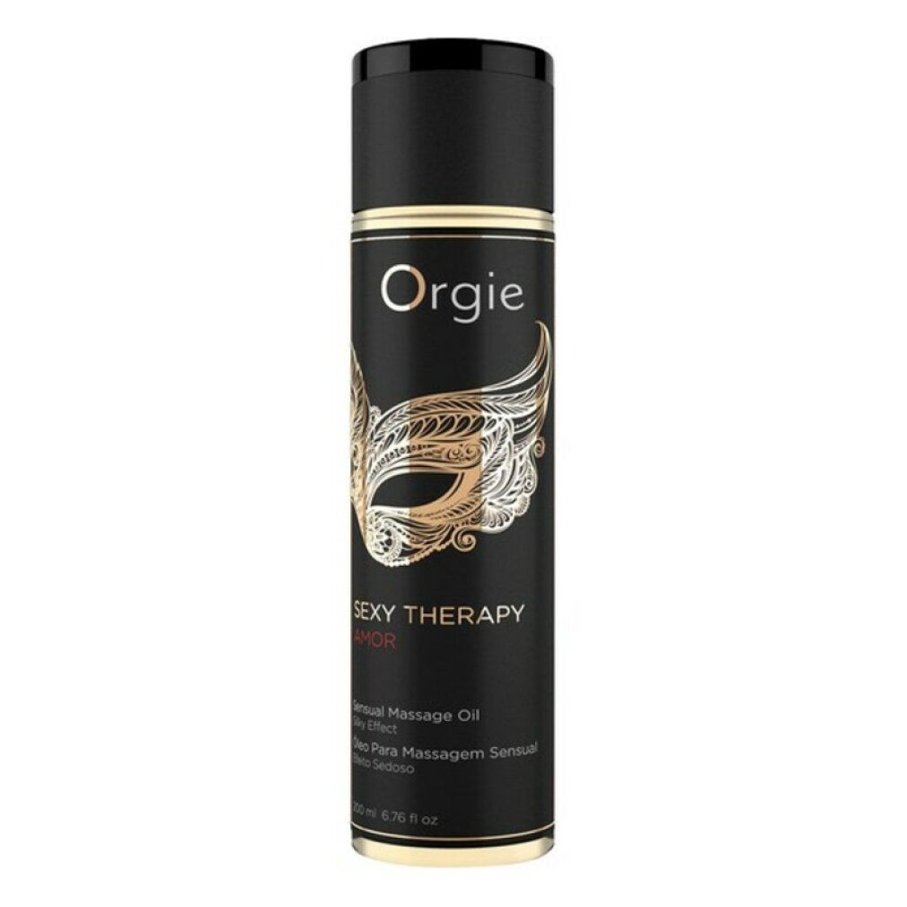 Schwarze Flasche mit goldener Verzierung. Aufschrift "Orgie", "Sexy Therapy Amor" und Masken-Design. Text in Englisch und Portugiesisch.