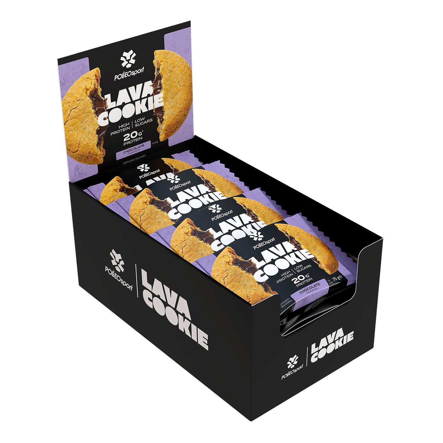 Schwarzer Karton mit PolleoSport Lava Cookies. Geöffnete Schachtel mit einzelnen verpackten Cookies. Aufdruck: Lava Cookie, 20g Protein.