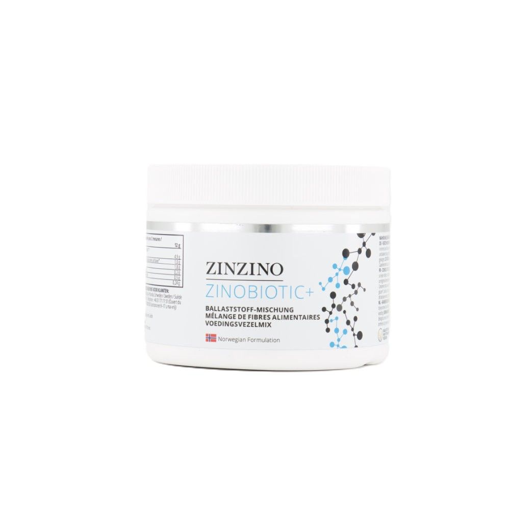 Weißes ZinoBiotic+ Produktbehälter mit blau-schwarzem Design. Text: Zinzino, Ballaststoff-Mischung, Norwegian Formulation.
