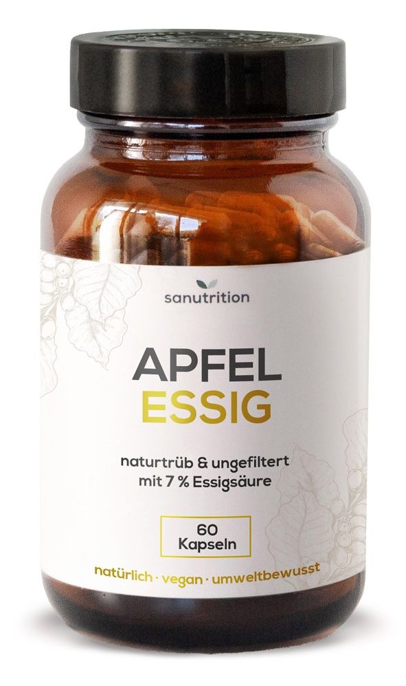 Braune Glasflasche mit Kapseln. Etikett mit "APFELESSIG" und "60 Kapseln". Marke: sanutrition. Naturtrüb & ungefiltert.