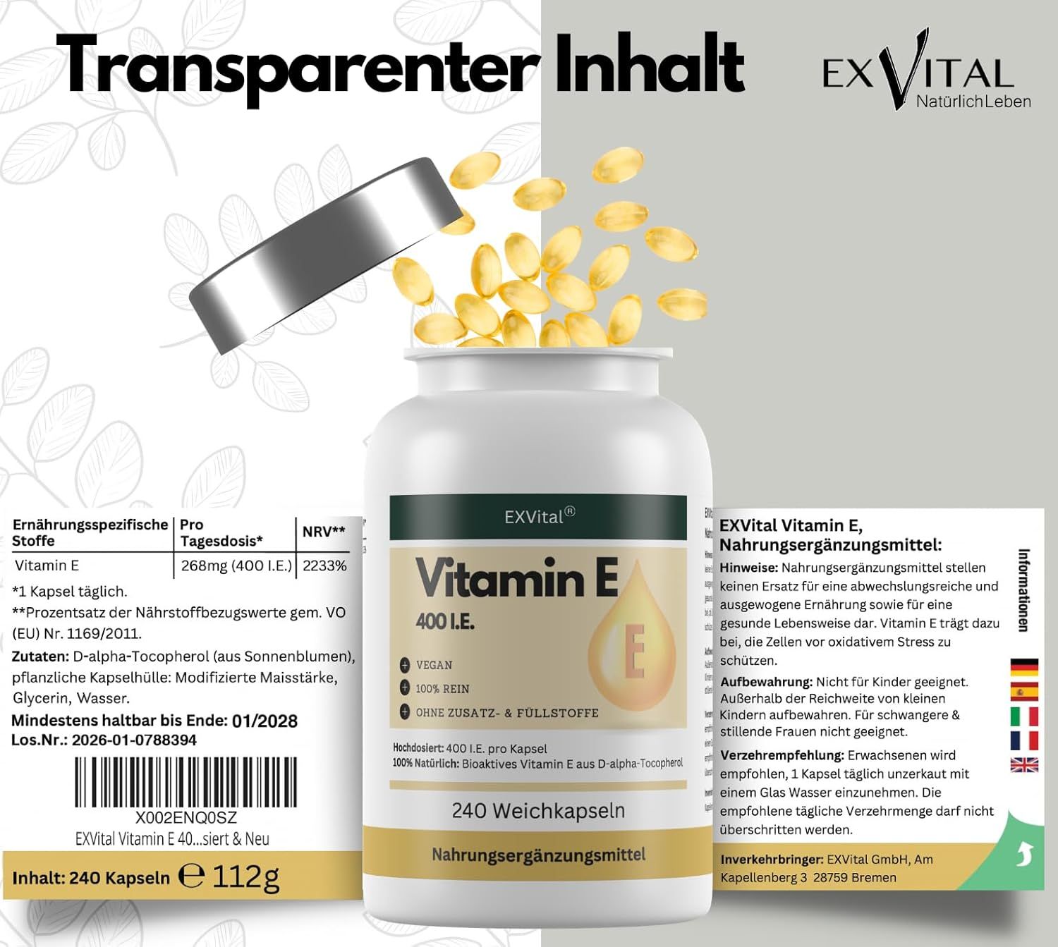 EXVital Vitamin E Flasche mit 240 Kapseln. Aufschrift: 400 I.E., vegan, 100% rein, ohne Zusatzstoffe. Beipackzettel mit Hinweisen.