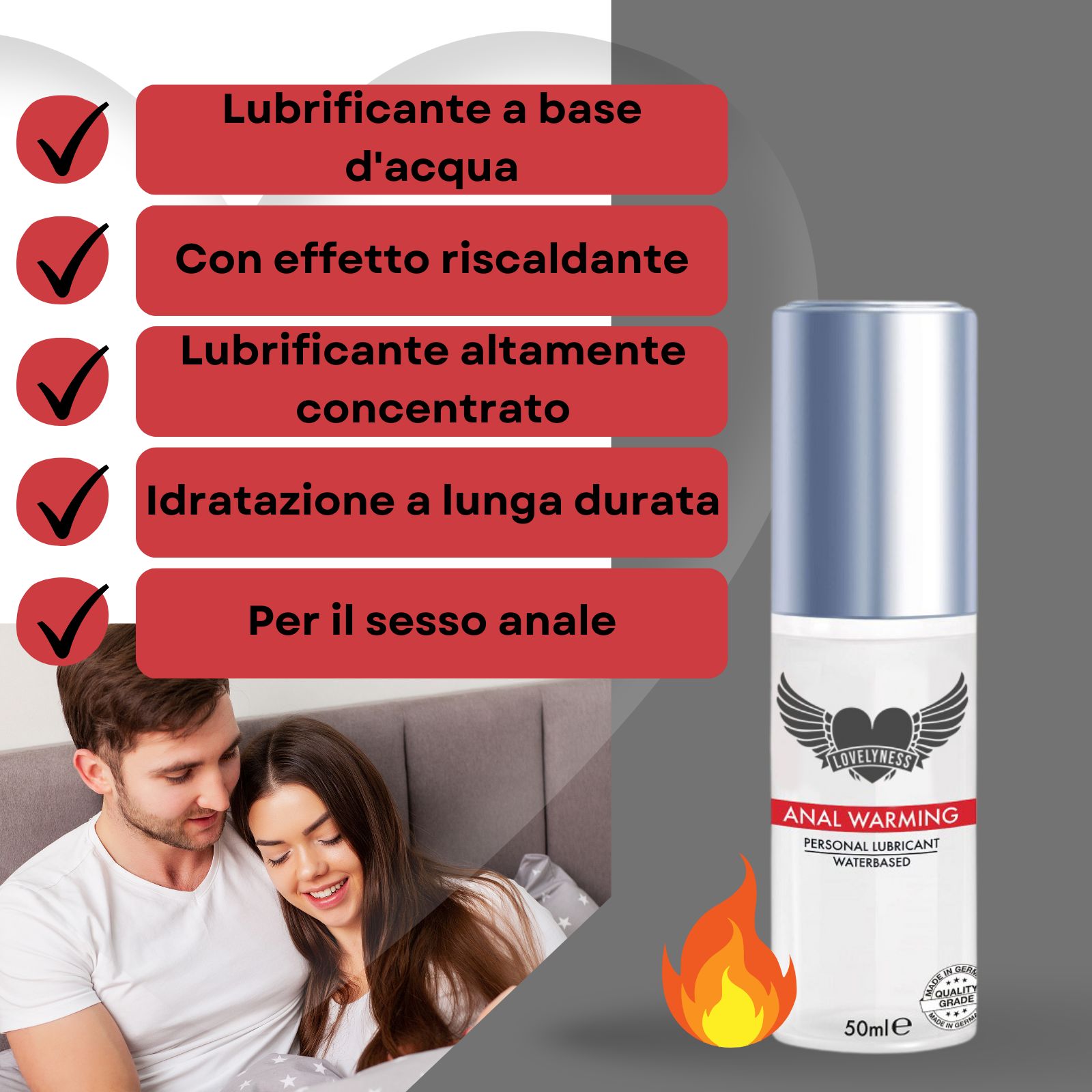 Gleitgel-Flasche. Text: Anal Warming, Personal Lubricant, Waterbased. Mit Flammen-Symbol. Auf Wasserbasis, mit Wärmeeffekt.