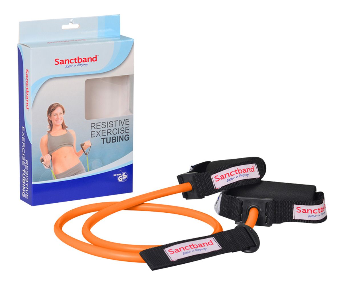 Sanctband Resistive Exercise Tubing. Orangefarbene Übungsröhre mit Griffen und Verpackung.