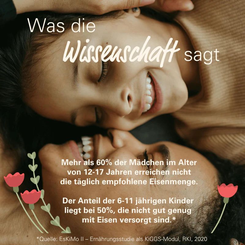 Flasche WOWTAMINS Eisen Gummibärchen, zuckerfrei, 60 Stück, mit Waschbären-Motiv, Blumen und Text.