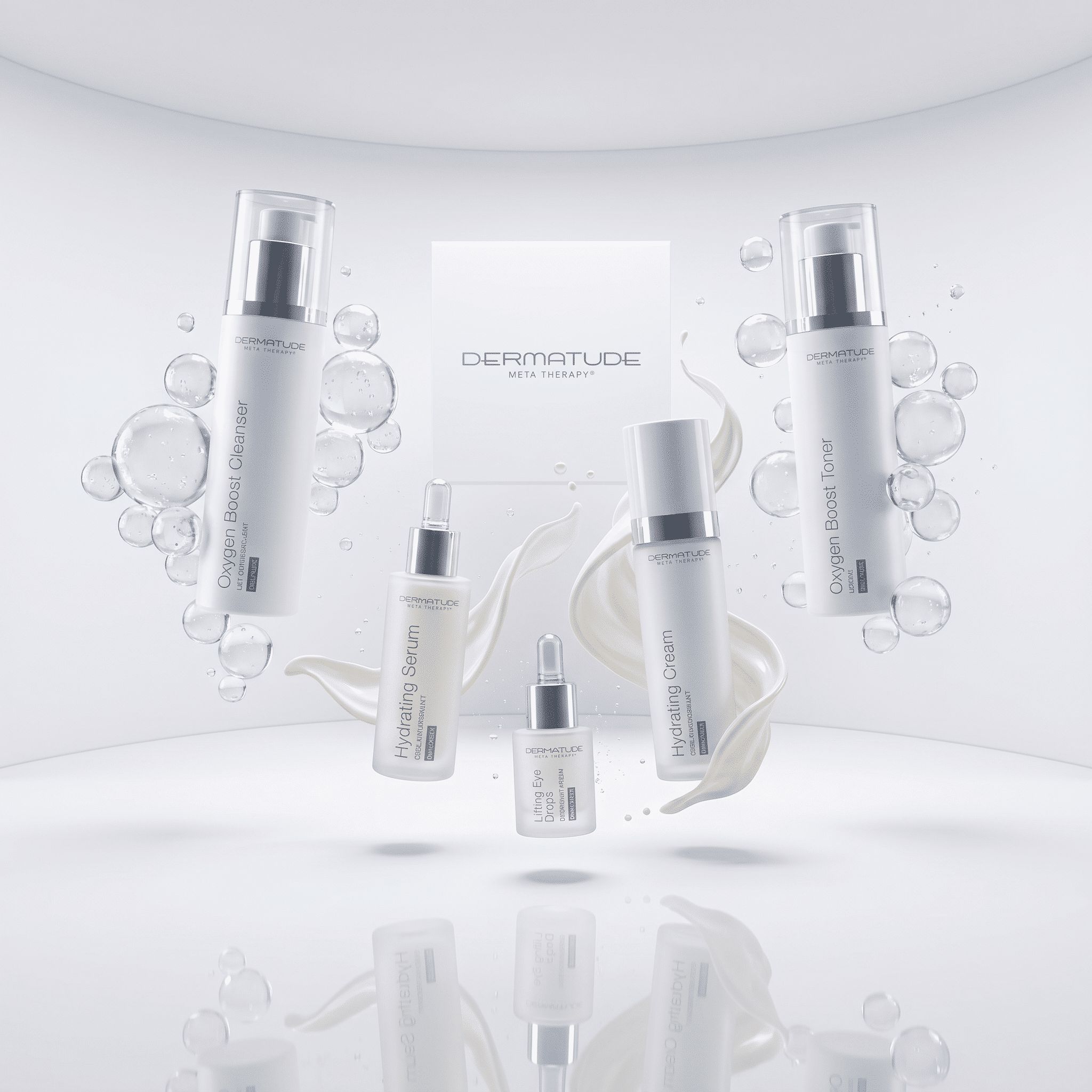 Dermatude Hydrating Skincare Set: Vier Pumpspender und zwei Pipettenflaschen in einer schwebenden Komposition mit Luftblasen.