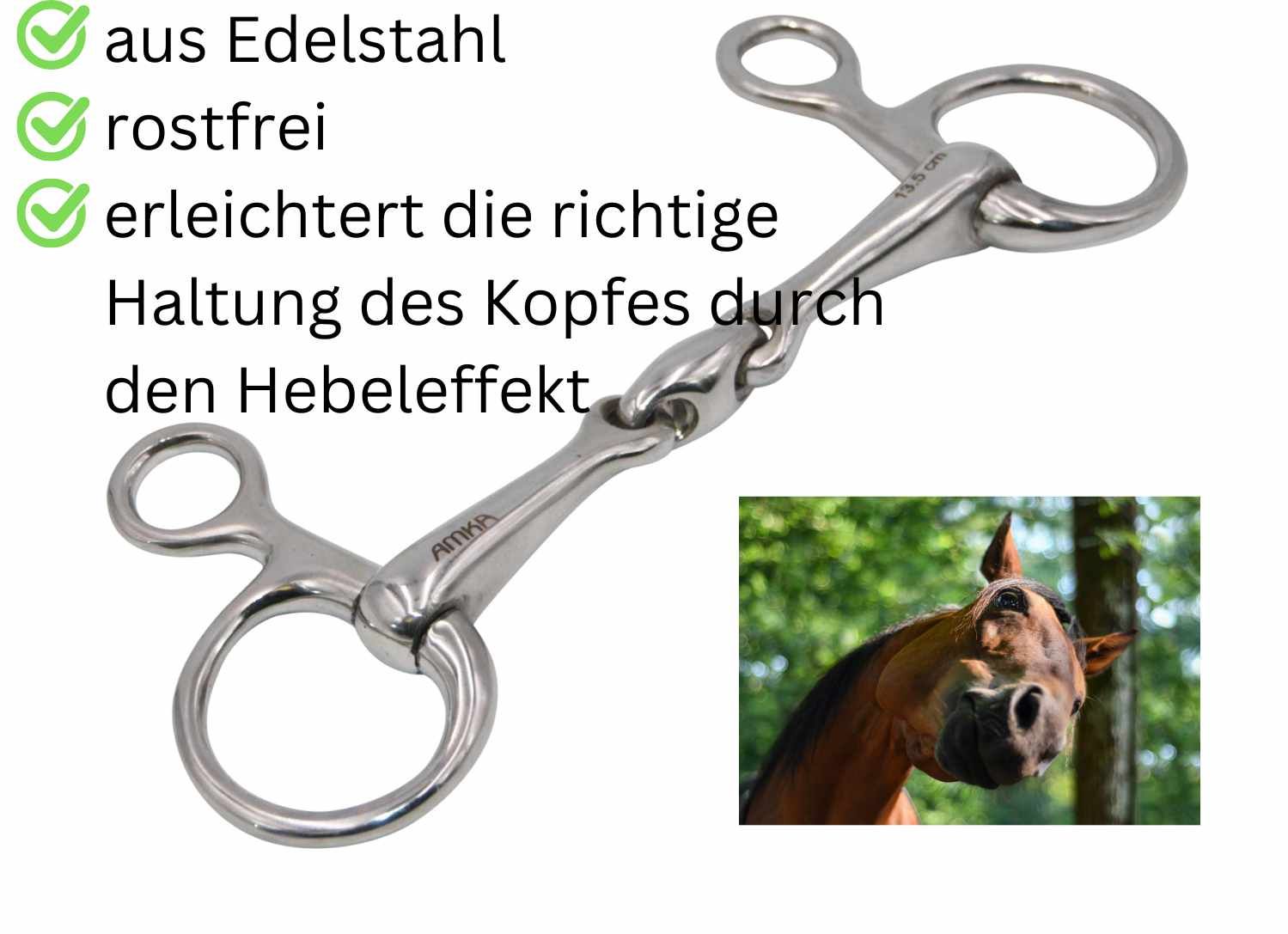 Trense aus Edelstahl, rostfrei. Hebeleffekt zur Kopfhaltung. AMKA-Logo. Pferd im Hintergrund.