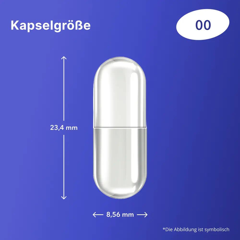 Kapselgröße: Kapsel mit Maßen 23,4 mm x 8,56 mm. Text: Die Abbildung ist symbolisch.