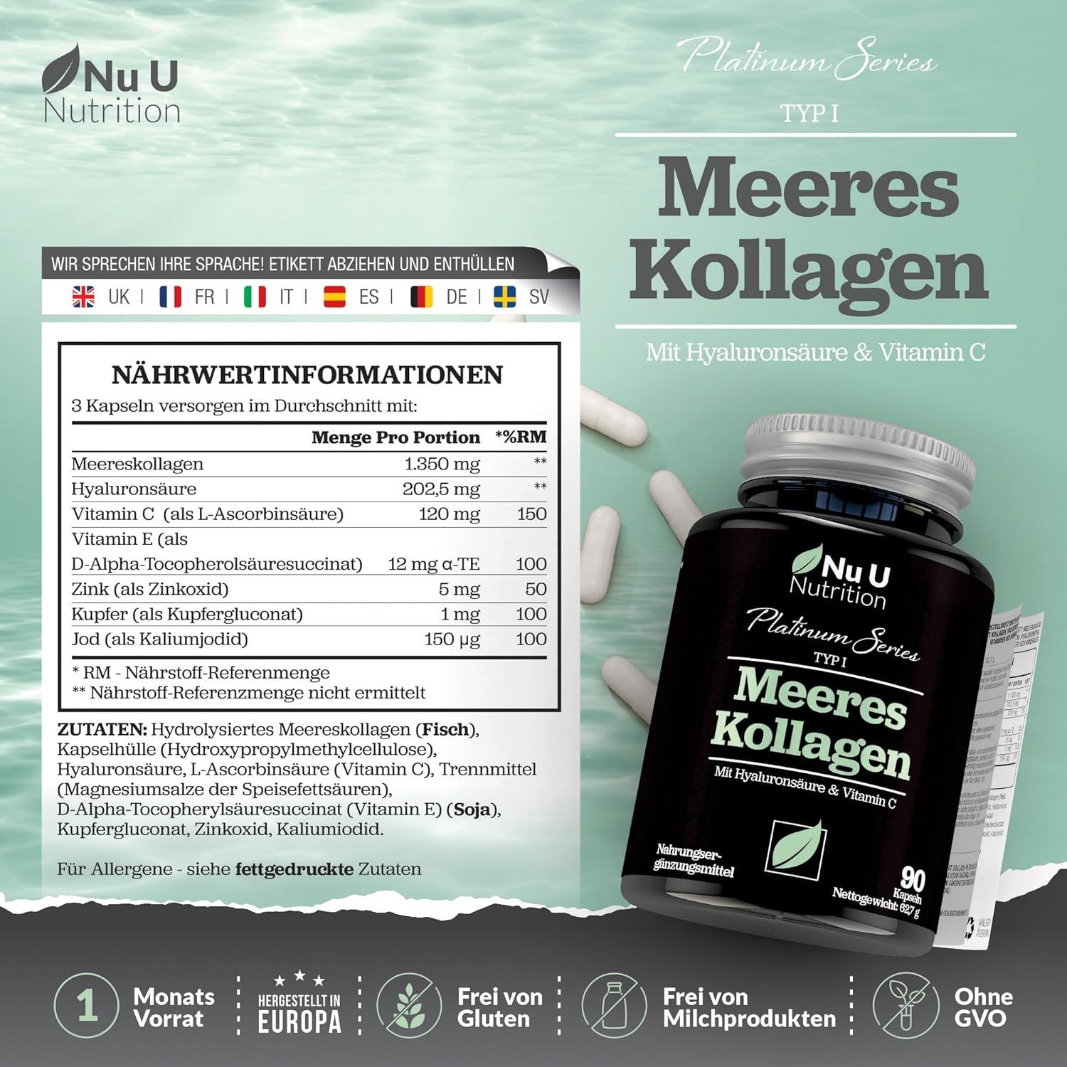 Produktflasche und Nährwertinformationen. Flasche: Nu U Nutrition, Meeres Kollagen, 90 Kapseln. Enthält Meereskollagen, Hyaluronsäure, Vitamin C.