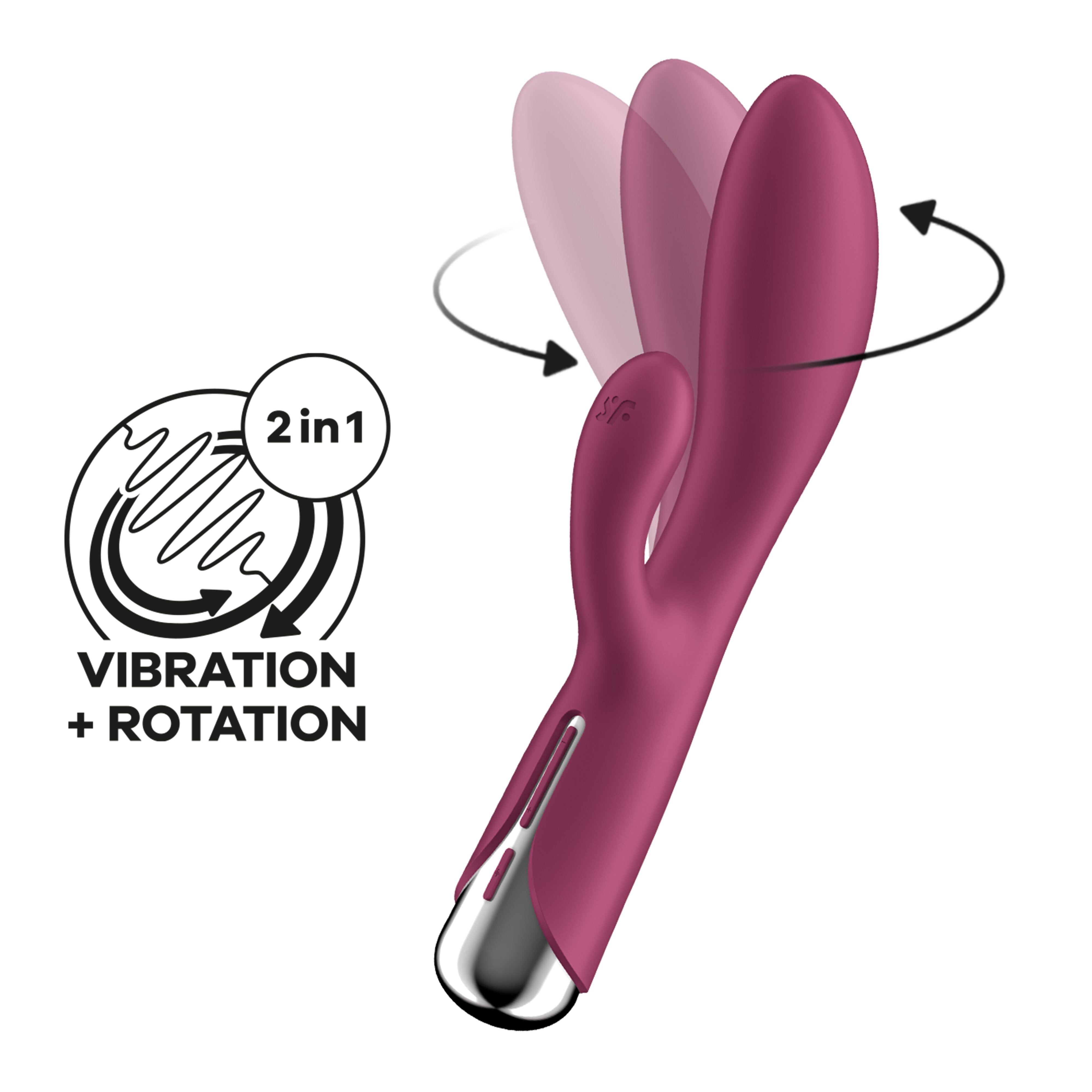 Abbildung eines lila Vibrators mit rotierenden Elementen. Text: Vibration + Rotation.