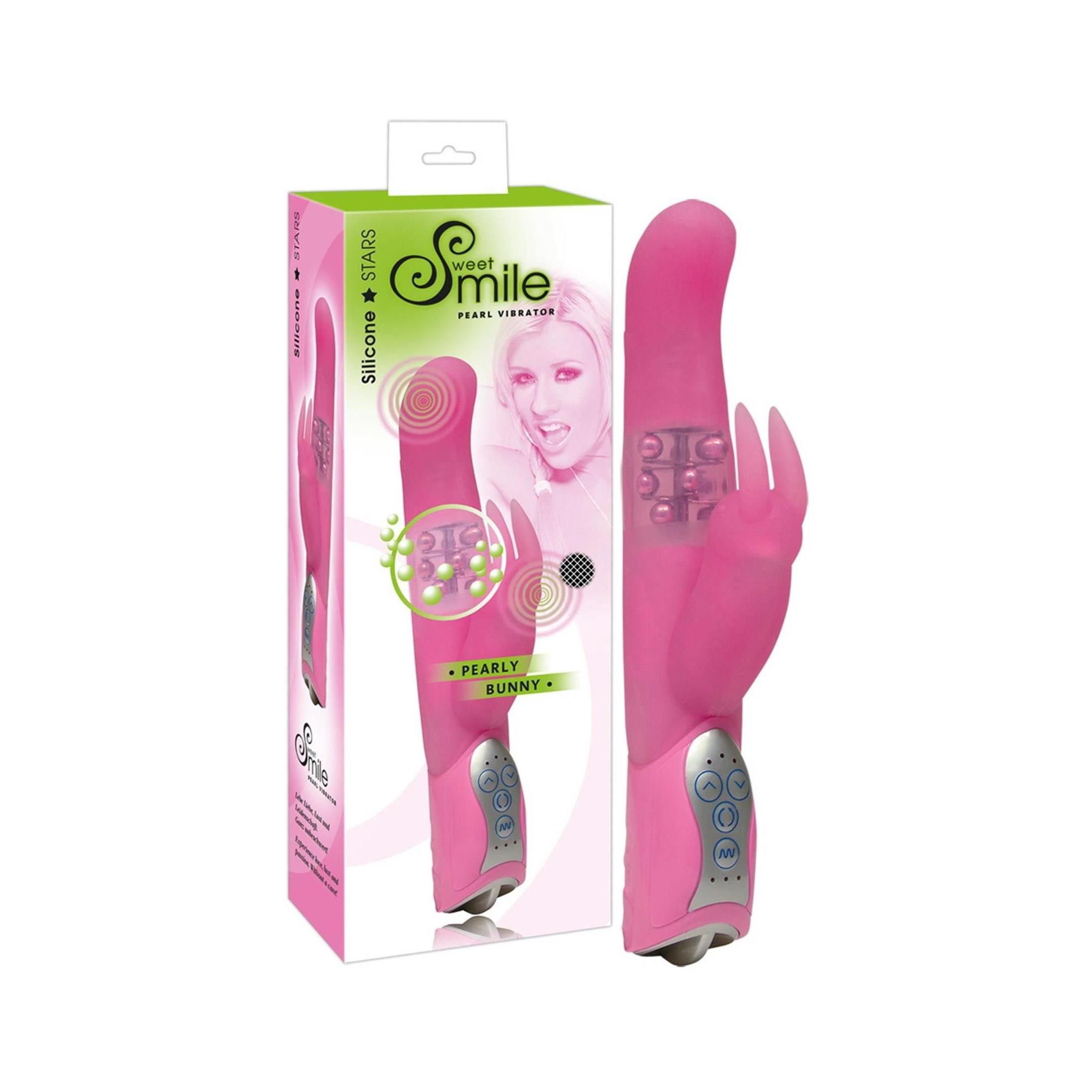 Rosa Vibrator in Verpackung. Marke: Sweet Smile. Produktname: Pearly Bunny. Verpackung mit Frauengesicht und Produktabbildung.
