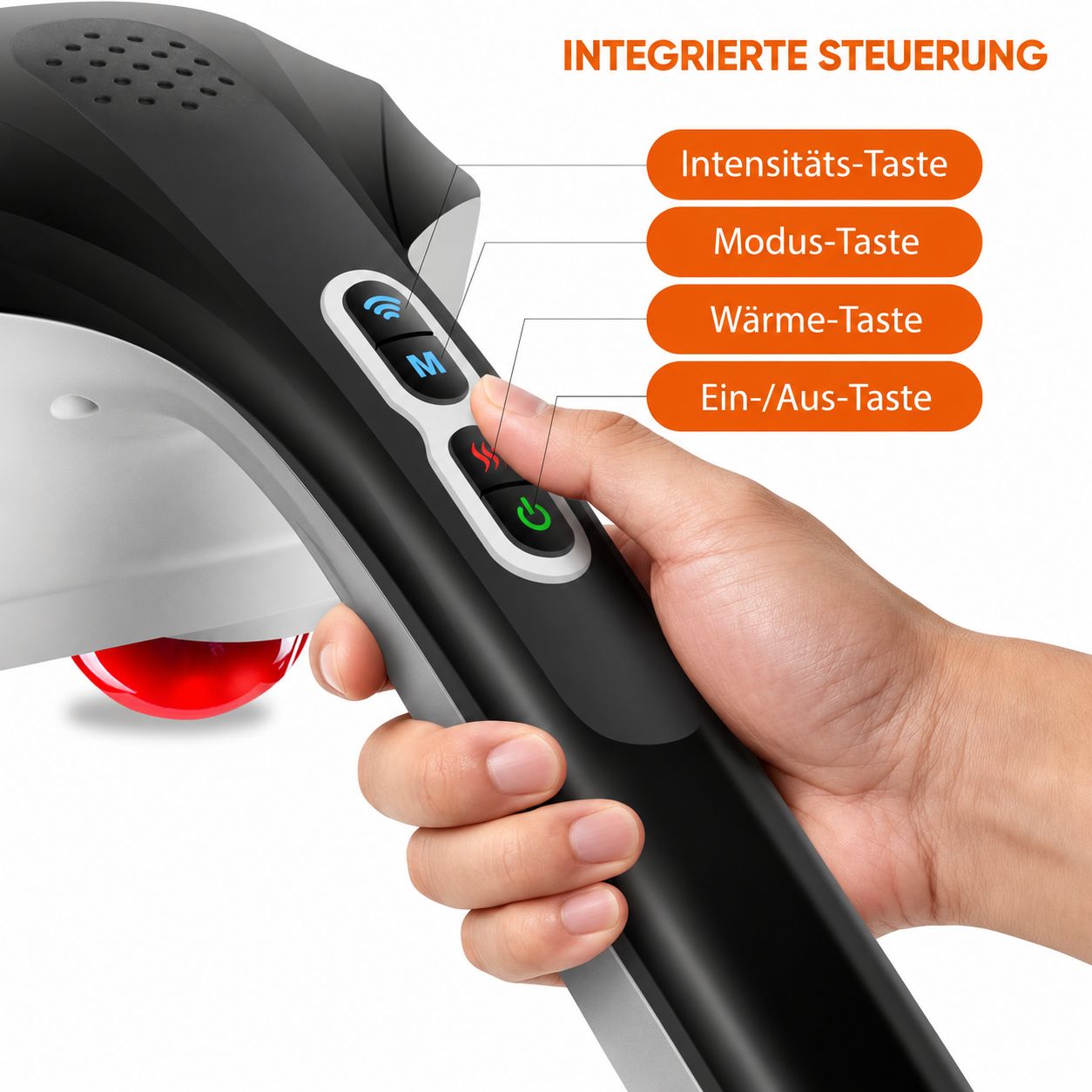Handmassagegerät mit integrierter Steuerung für Intensität, Modus, Wärme und Ein/Aus.