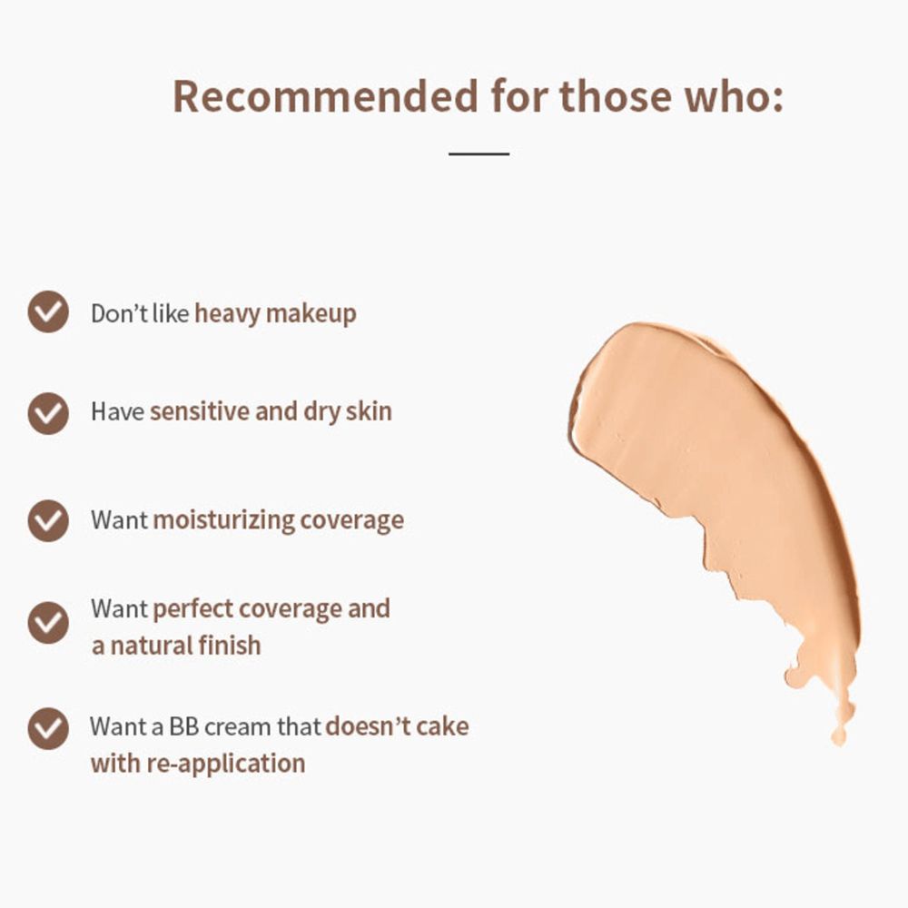 Text mit Aufzählungspunkten: Nicht-schweres Make-up, empfindliche Haut, feuchtigkeitsspendende Deckkraft, natürliches Finish, kein Cake-Effekt.