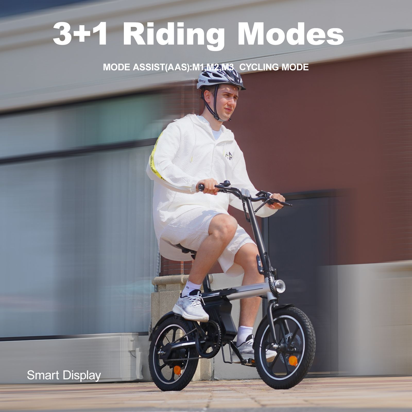 Faltbares E-Bike, schwarz-silber, mit Fahrer. 3+1 Fahrmodi. Smart Display.