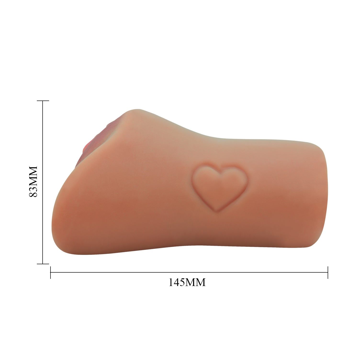 Masturbationsgerät, Seitenansicht mit Maßen. Herzförmige Prägung. 83mm hoch, 145mm lang.