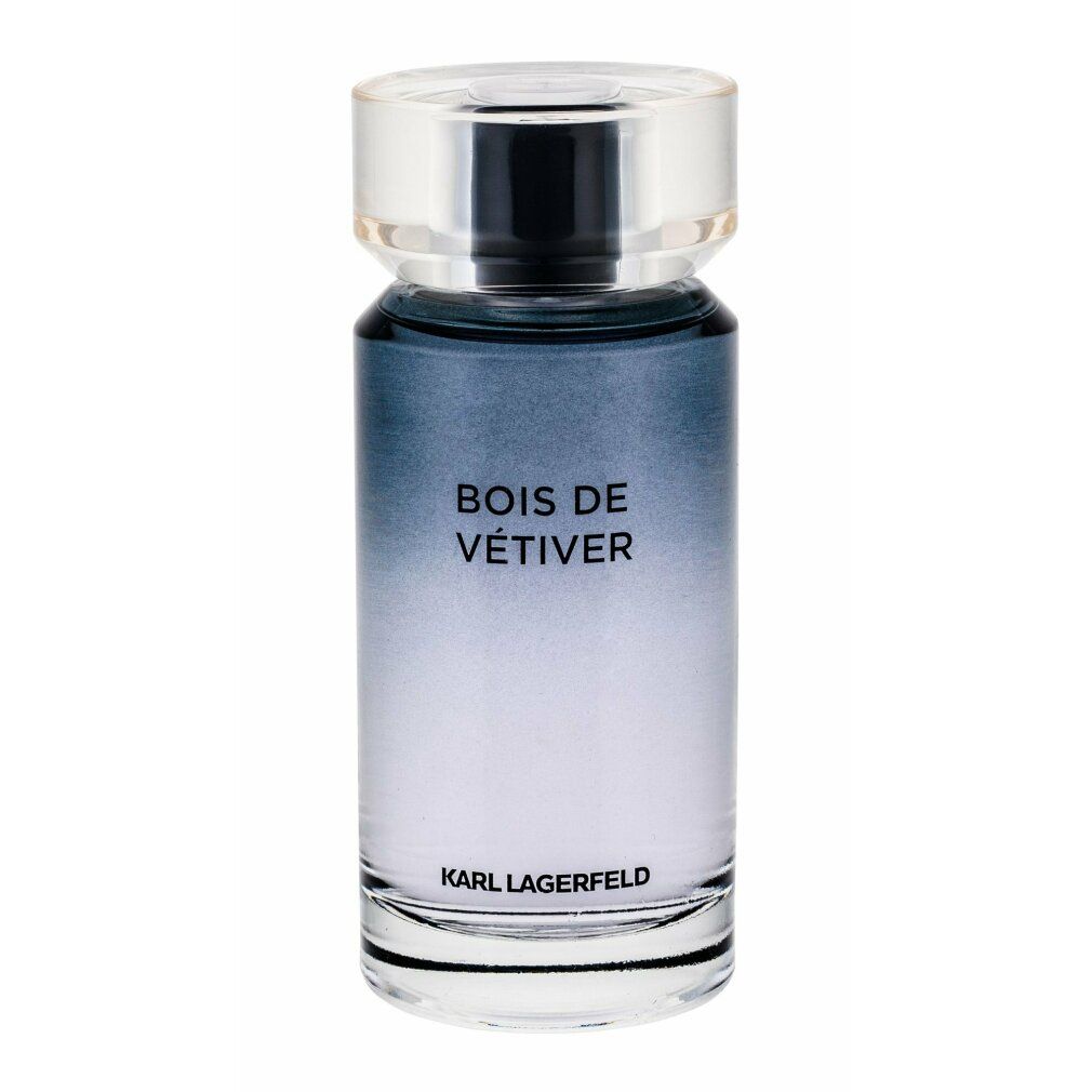 Flakon Karl Lagerfeld Bois de Vétiver. Zylindrischer Flakon mit blau-lila Farbverlauf. Transparenter Deckel. Logo unten.