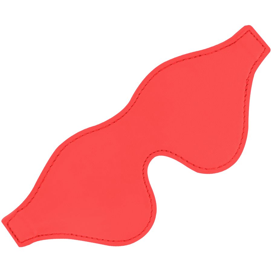 Rote Augenmaske. Geformt, um die Augen zu bedecken. Mit sichtbaren Nähten. Aus rotem Stoff.