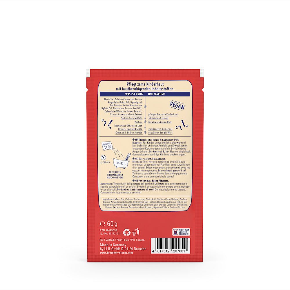 Rückseite der Produktverpackung. Text: Pflegebad für Kinder, Inhaltsstoffe, vegan. Logo: Vegan.