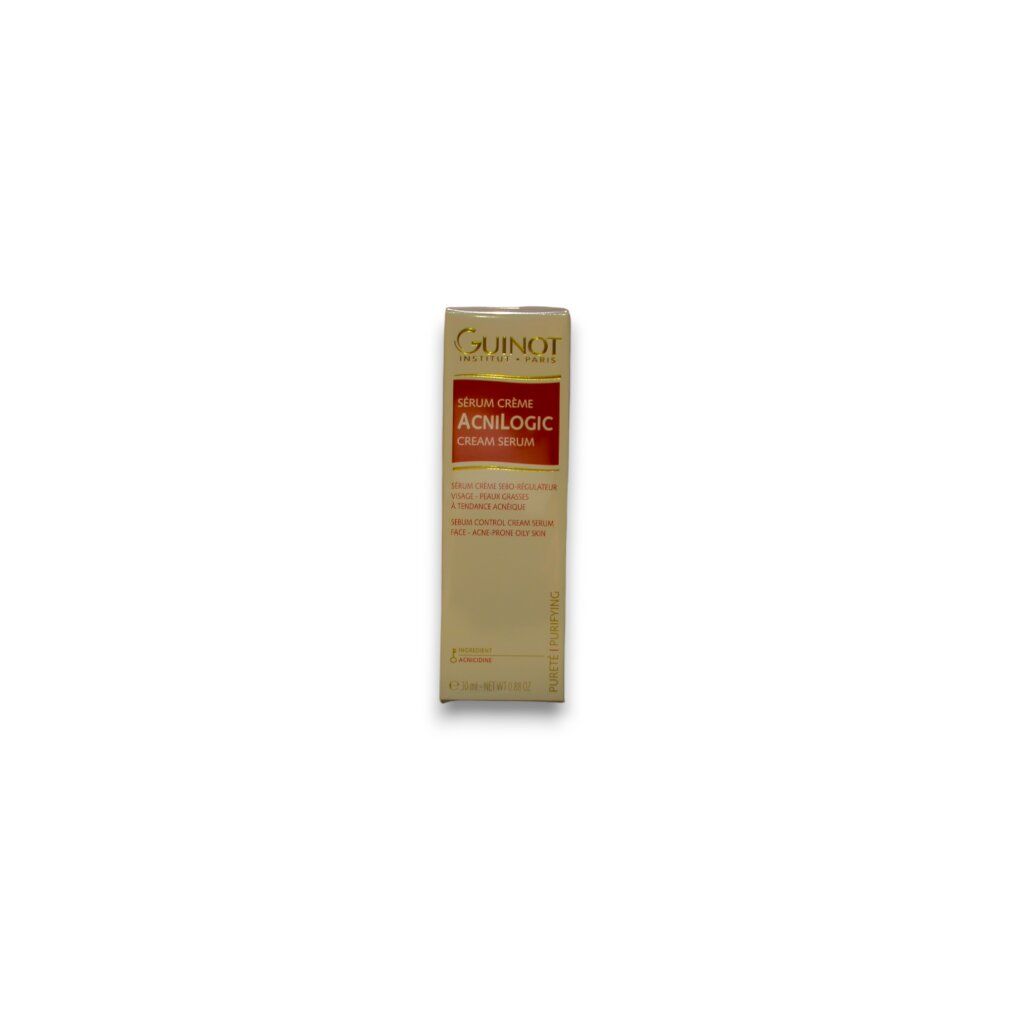 Beige Verpackung mit rotem Etikett. Text: ACILOGIC, Serum. Marke: Guinot.