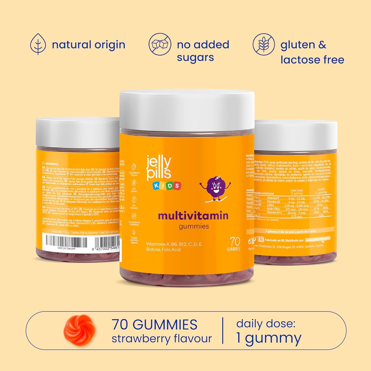 Drei Dosen Jelly Pills Kids Multivitamin Gummies. 70 Stück. Aufschrift: 70 Gummies, Erdbeergeschmack, Tagesdosis: 1 Gummibärchen.