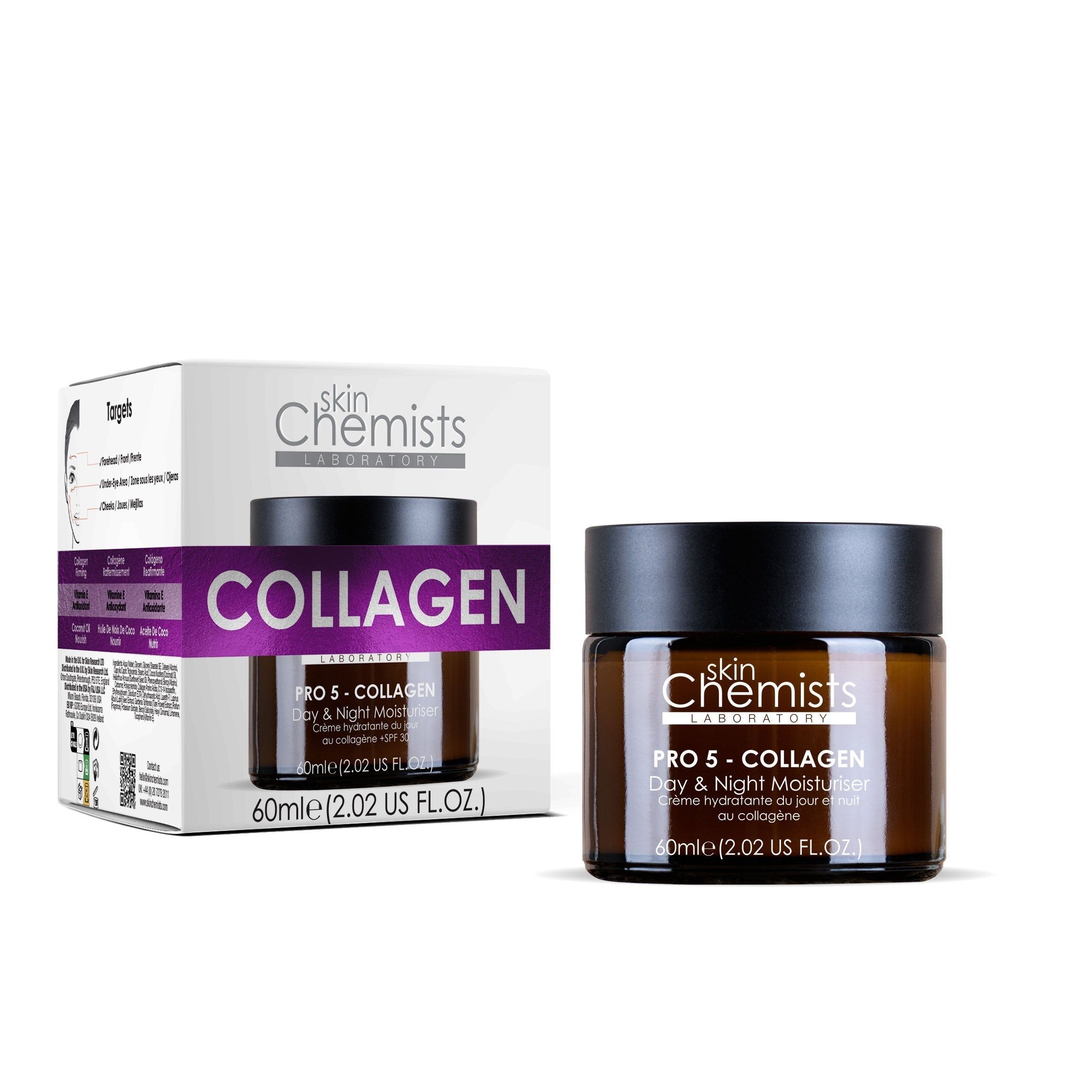 Produktverpackung mit Dose und Karton. Dose: braunes Glas, schwarzer Deckel. Karton: weiß, lila Akzent. Aufschrift: COLLAGEN.