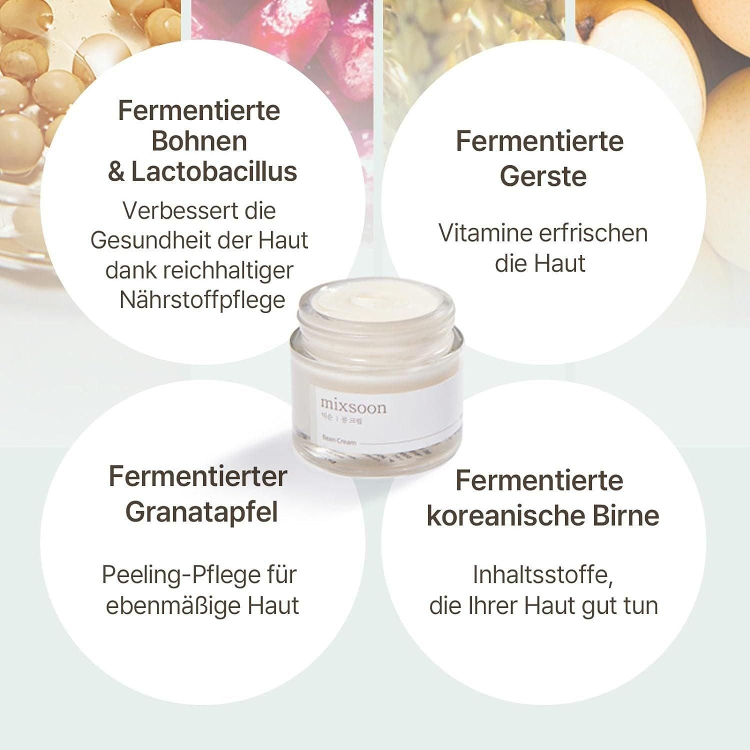 Produkt in Glas, umgeben von Kreisen mit Inhaltsstoffen: fermentierte Bohnen, Gerste, Granatapfel, koreanische Birne.