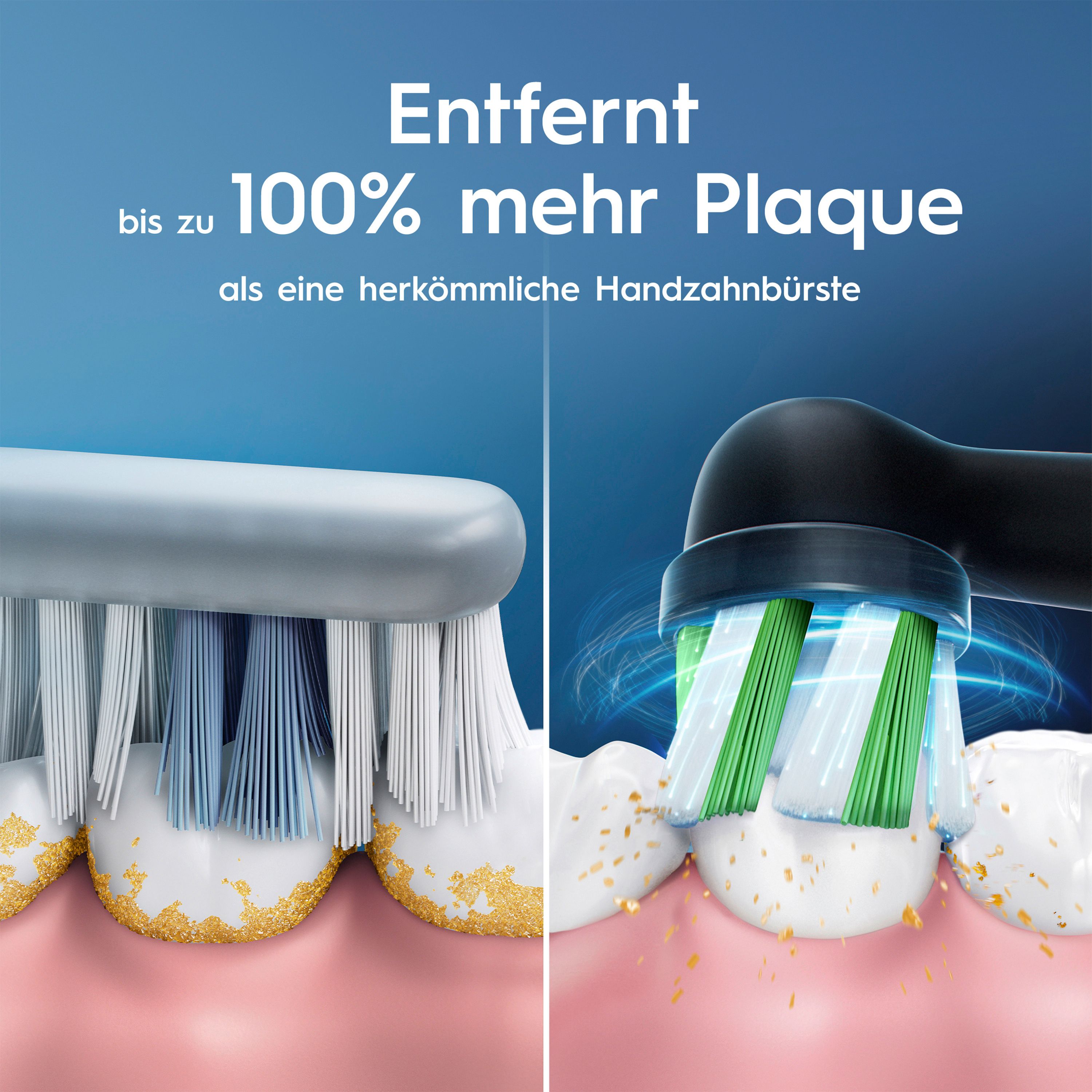 Vergleich von Zahnbürsten. Links: Handzahnbürste mit Belägen. Rechts: Elektrische Zahnbürste mit sauberem Gebiss. Text: Entfernt bis zu 100% mehr Plaque.