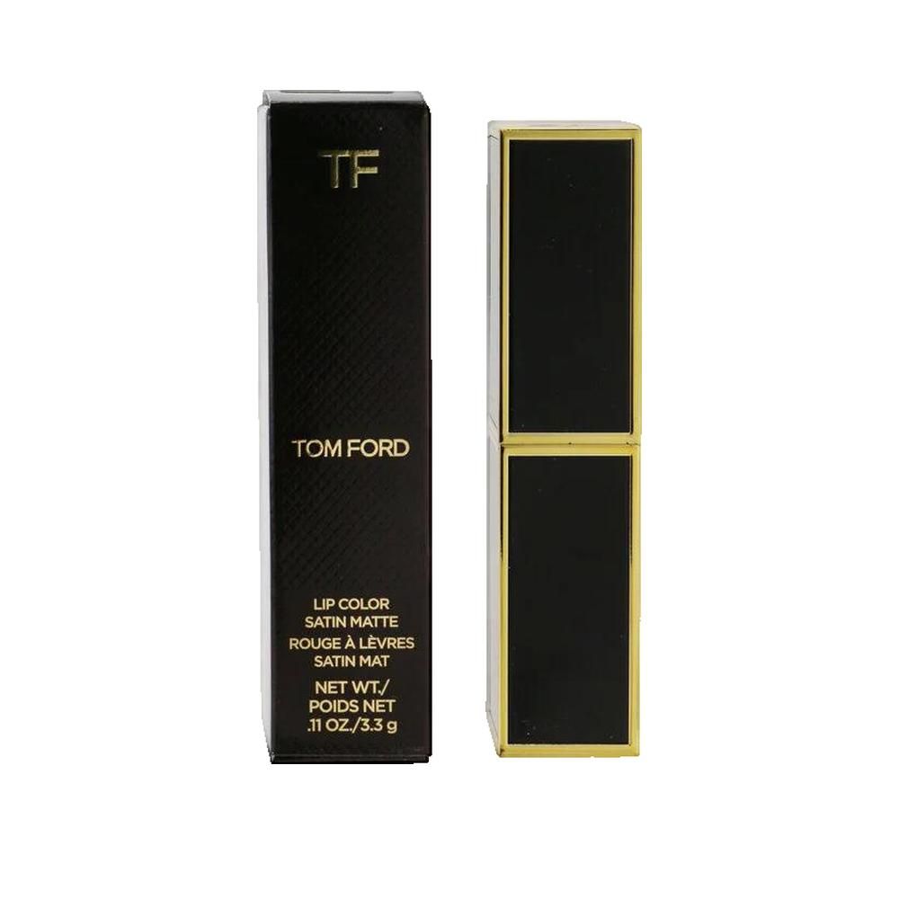 Schwarze Lippenstiftverpackung mit goldenen Akzenten. Aufschrift: Tom Ford, Lip Color Satin Matte, Rouge à Lèvres Satin Mat.