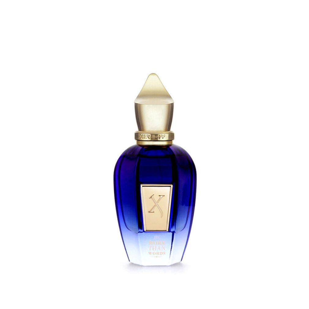 Blau-transparente Flasche mit goldenem Verschluss. Aufschrift "MORE THAN WORDS". Goldfarbenes "X"-Logo.