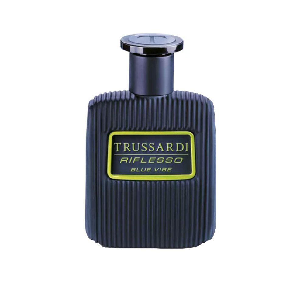 Dunkelblaue Flasche. Aufschrift: Trussardi Riflesso Blue Vibe. Flasche mit geriffelter Oberfläche. Gelber Rahmen.