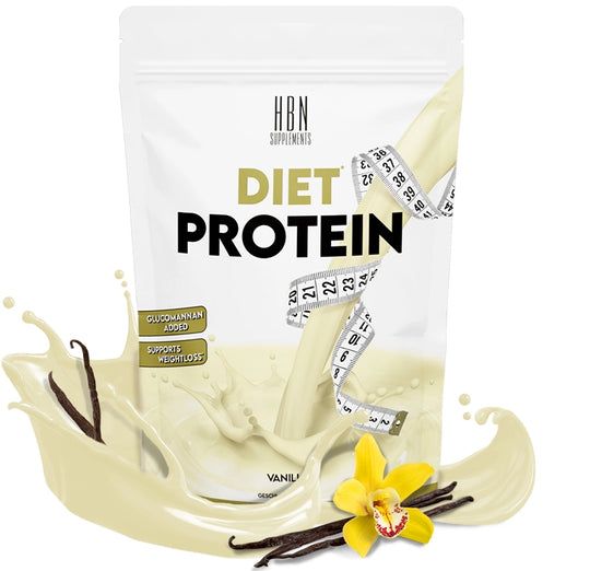HBN Supplements Diet Protein-Beutel. Diet Protein, Vanilla. Vanilleschoten, Blüte, Maßband und Flüssigkeit.