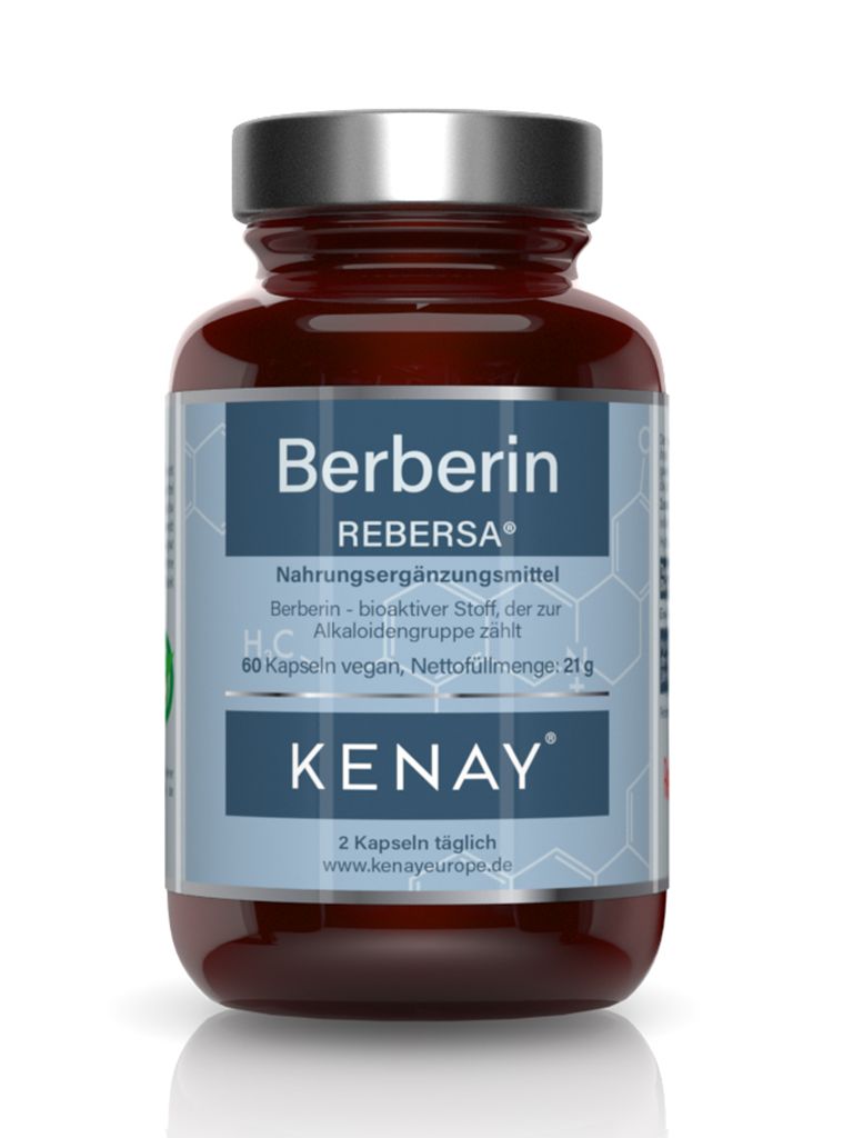 Braune Flasche mit Kapseln. Aufschrift: Berberin REBERSA®, KENAY®. 60 vegane Kapseln. Grün-weißes Vegan-Siegel. Deckel silberfarben.