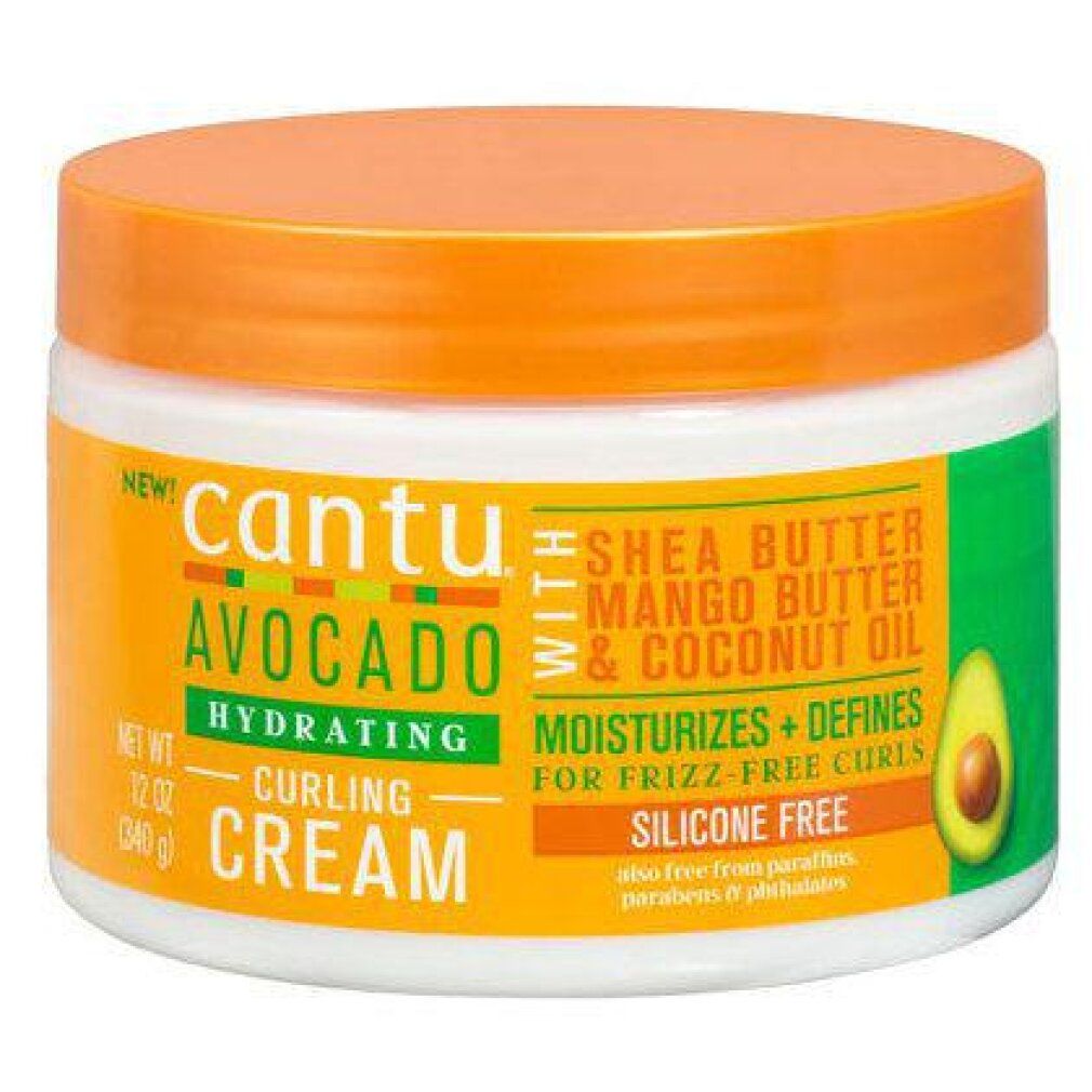 Cantu Avocado Hydrating Curling Cream in einem weißen Tiegel mit orangefarbenem Deckel. Enthält Shea-, Mango- und Kokosnussöl.
