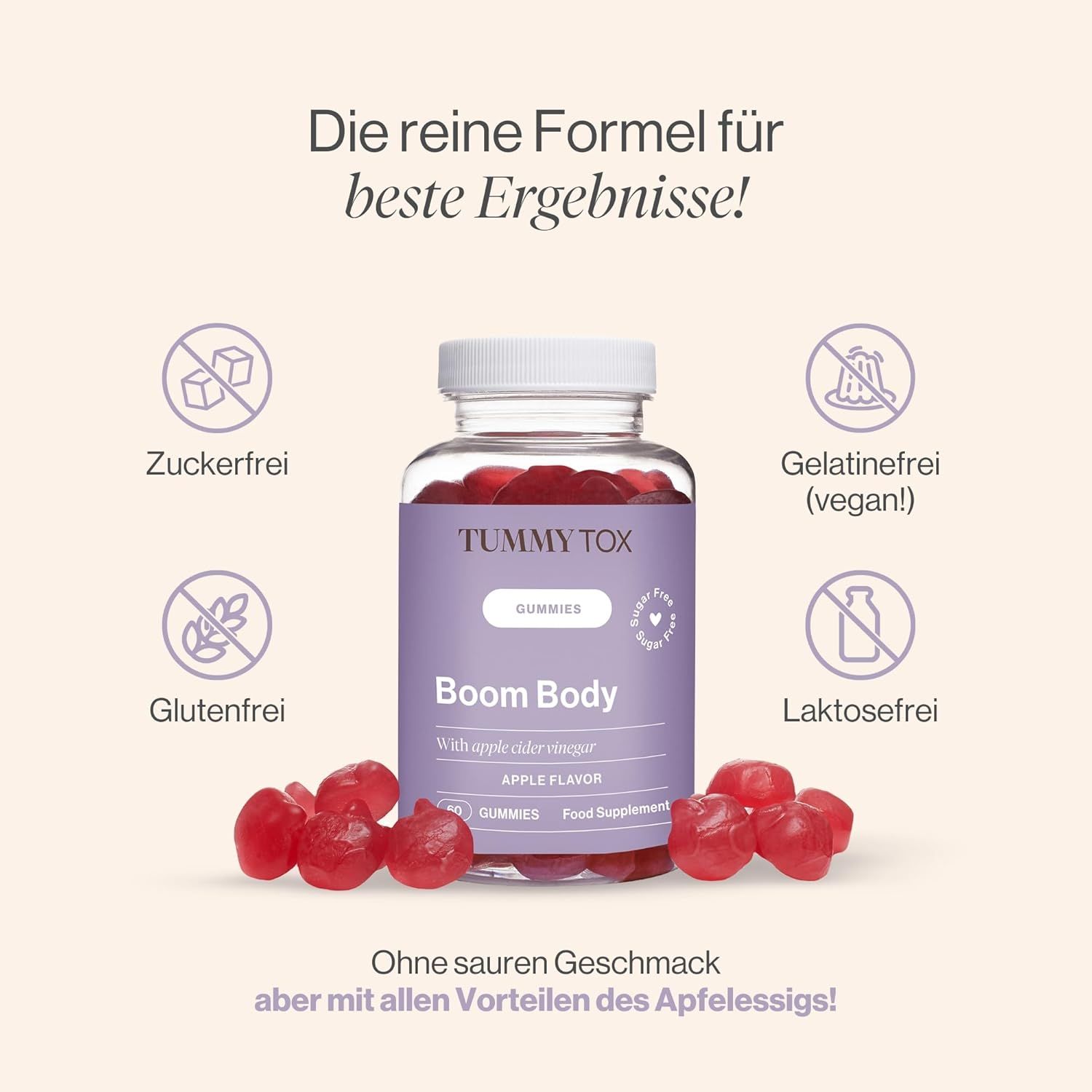 Flasche mit roten Gummibärchen. Aufschrift: Tummy Tox Boom Body Gummies. Lila Etikett mit Produktinformationen. Keine Zucker- und glutenfrei.