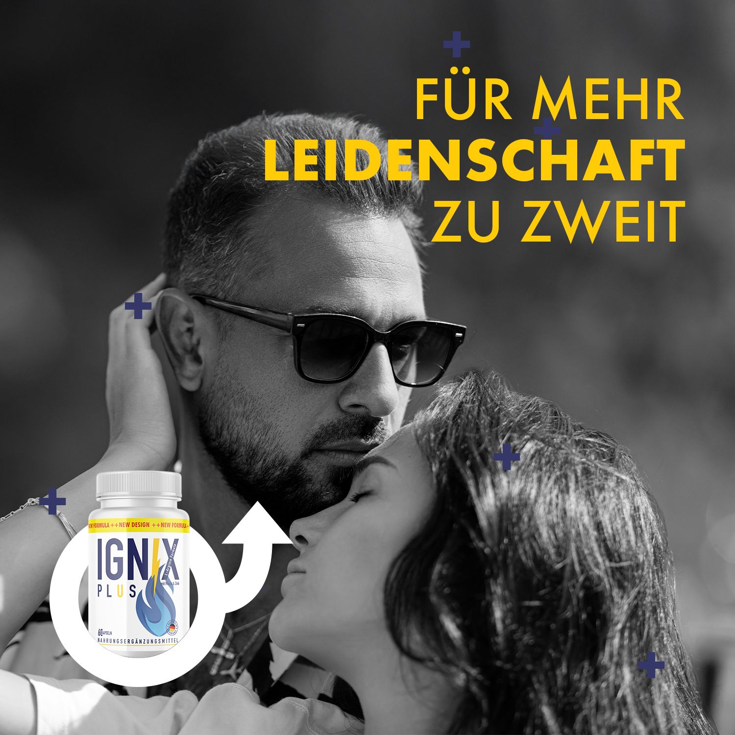 Paar umarmt sich. Flasche IGNIX PLUS im Vordergrund. Text: Für mehr Leidenschaft zu zweit.