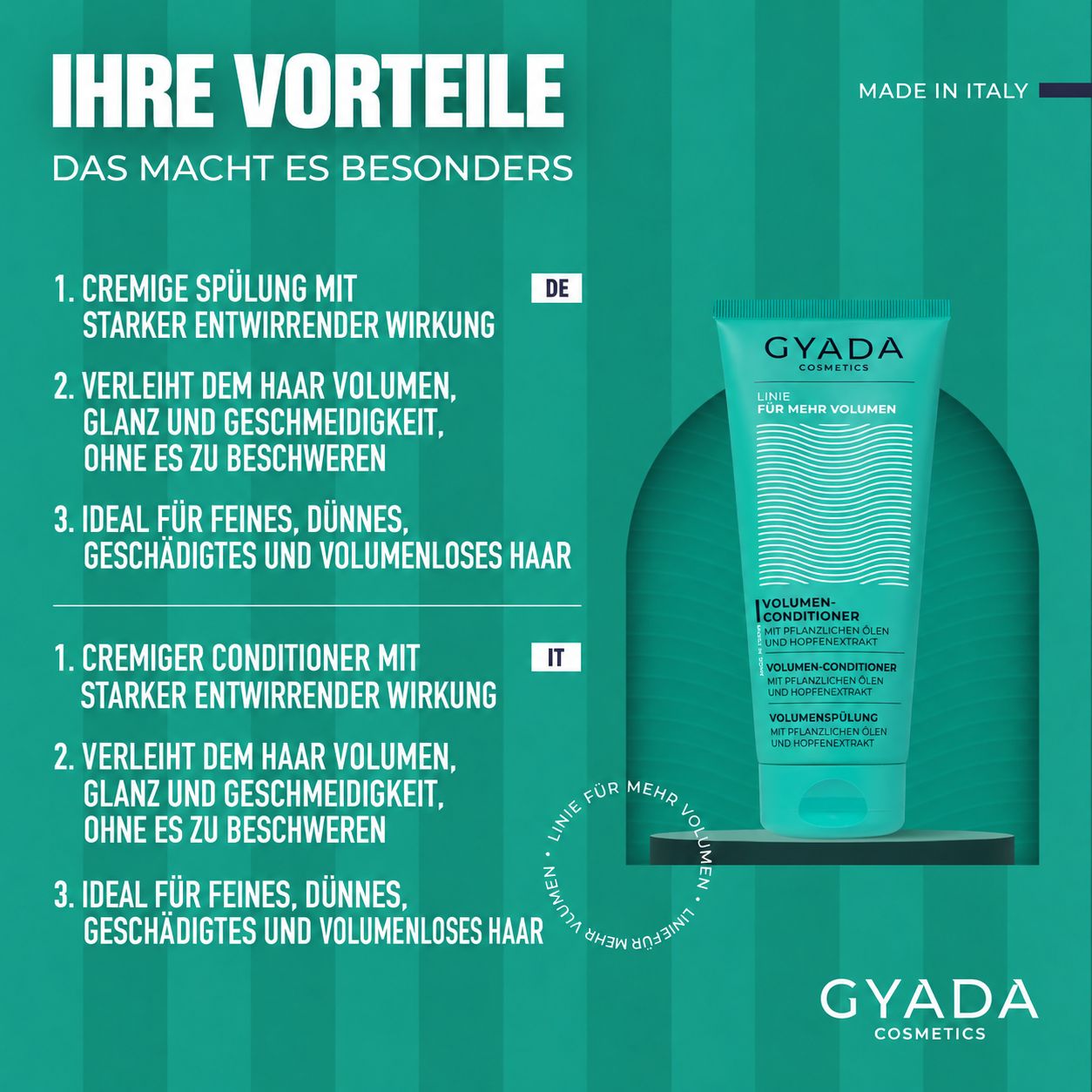 GYADA Cosmetics Volumen Conditioner Flasche mit Wellenmuster.