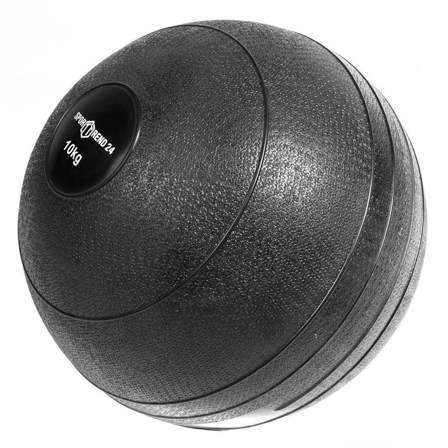 Schwarzer Slamball mit Aufschrift Sporttrend24 und 10kg. Runde Form, strukturierte Oberfläche.