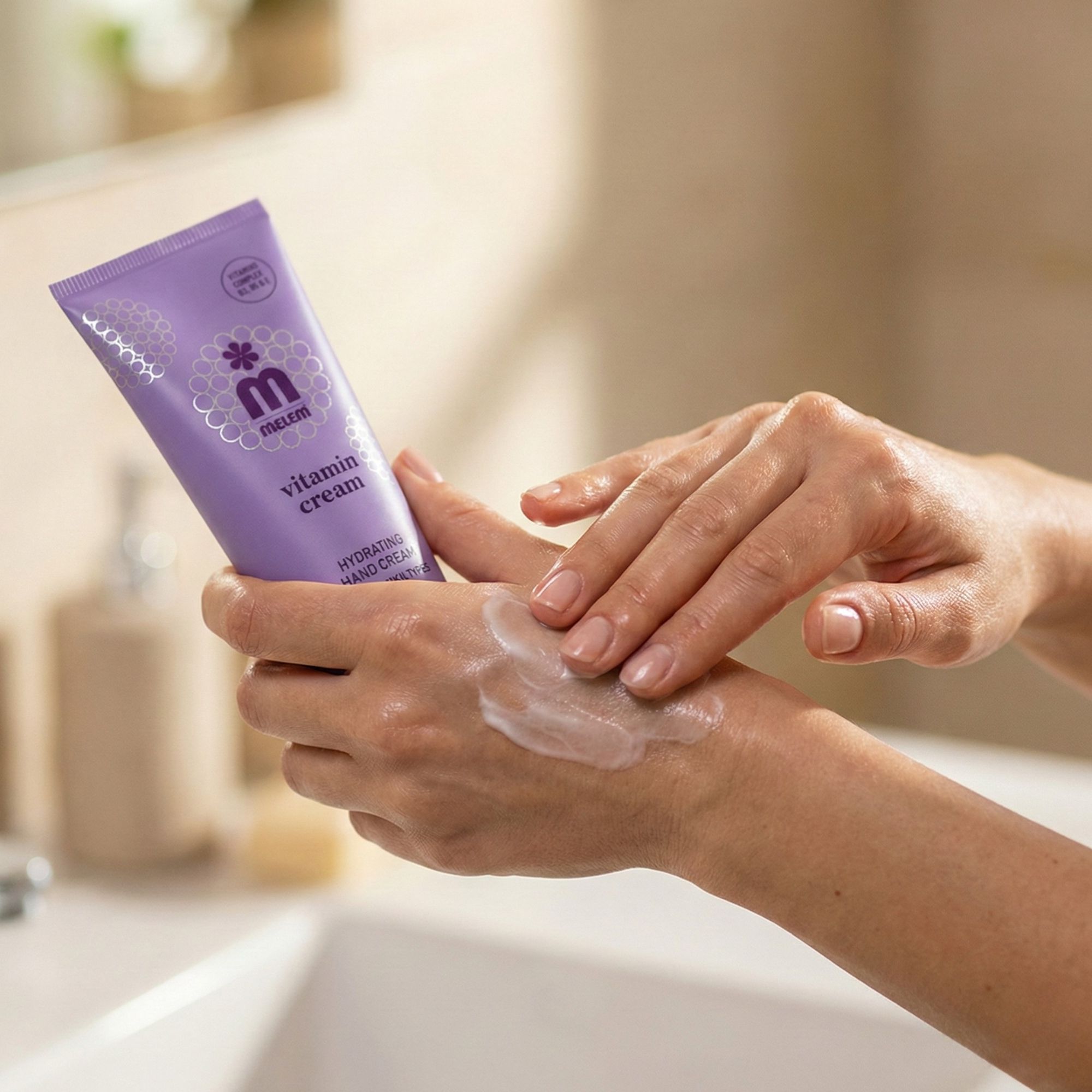Hände, die Melem Vitamin Handcreme auftragen. Lila Tube mit Aufschrift: Vitamin Cream, Hydrating Hand Cream. Hintergrund: Waschbecken.