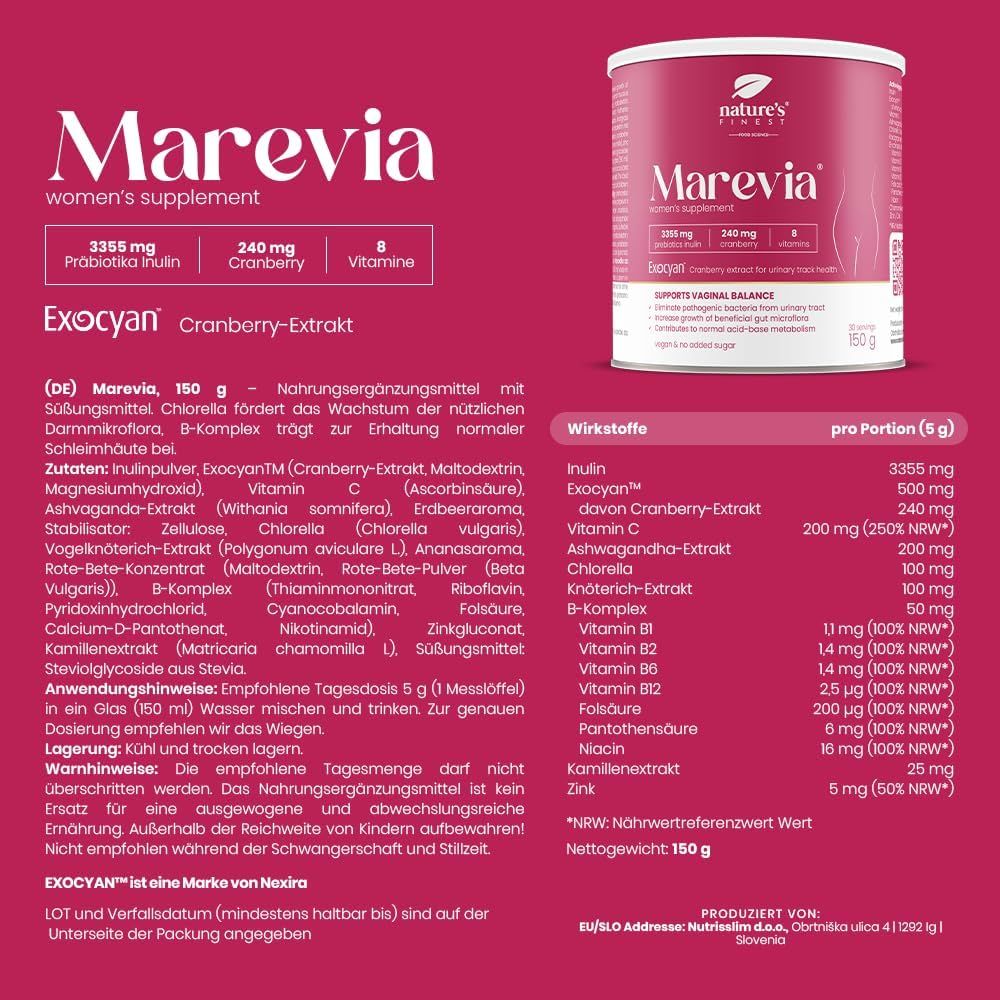 Dose Nature's Finest Marevia. Text: Marevia women's supplement. Enthält 3355 mg Präbiotika Inulin, 240 mg Cranberry, 8 Vitamine. Inhaltsstoffliste und Nährwertangaben.