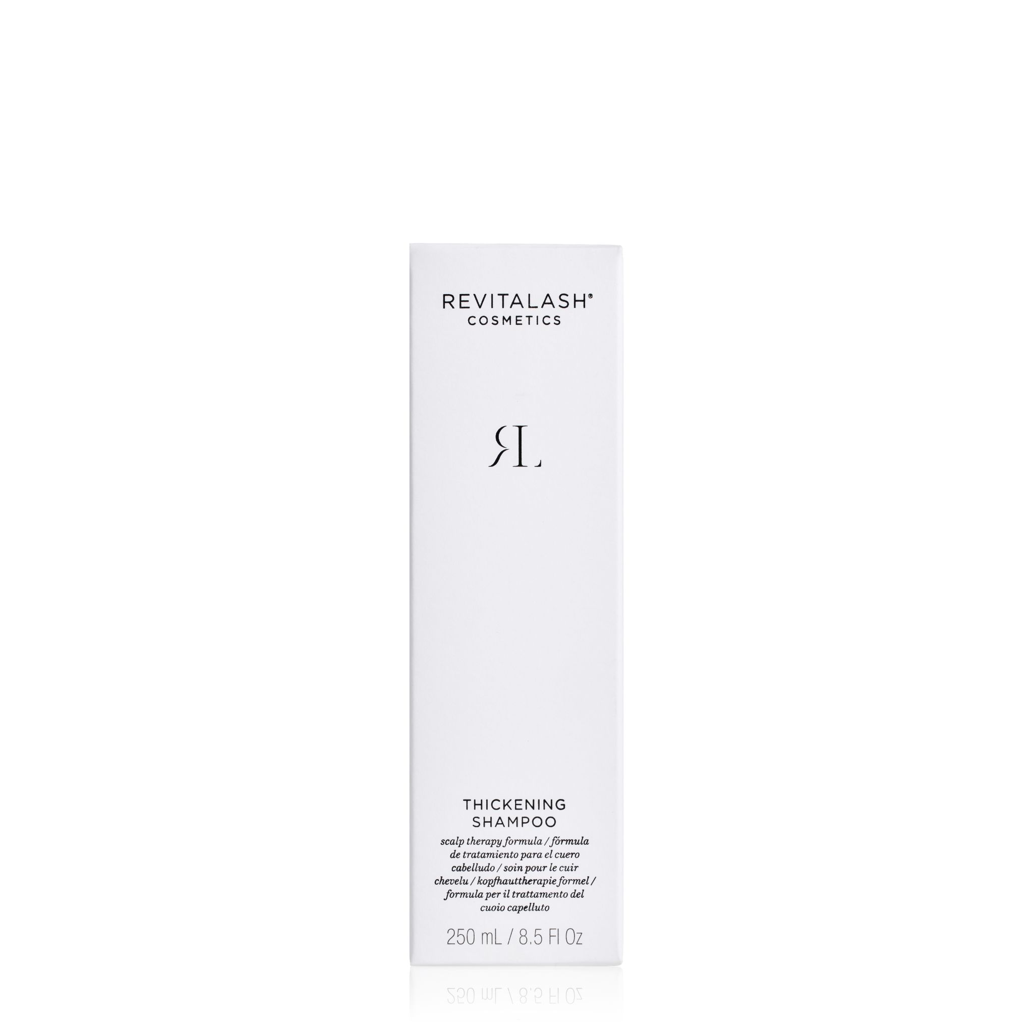 Karton für RevitaLash Thickening Shampoo mit Produktinformationen.