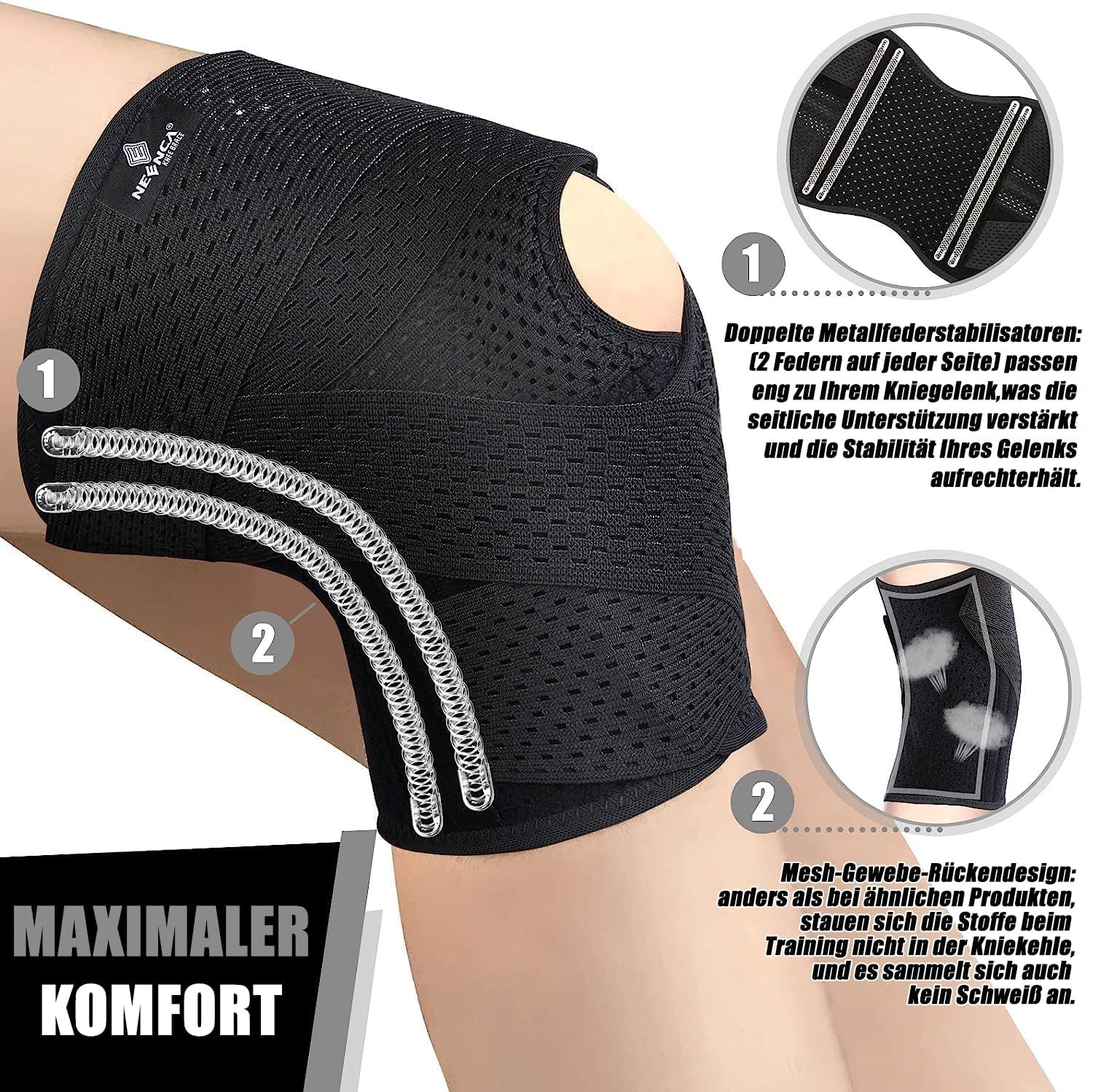 Größentabelle für Kniebandagen: S (17.1-18.1 Zoll), M (18.1-18.9 Zoll), L (18.9-20.4 Zoll).